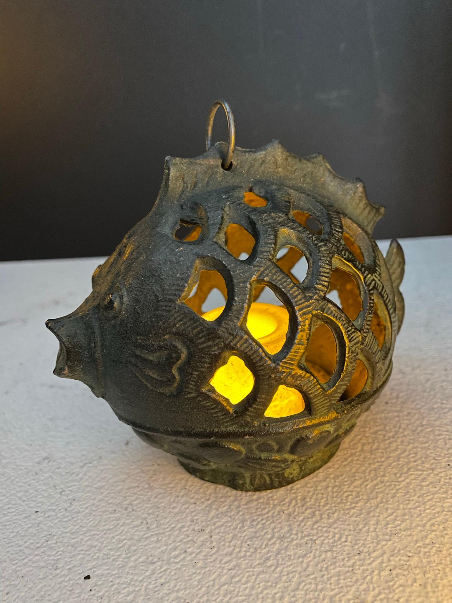 Cast Japanese Rare Old Vintage Baby Puffer Fish Lighting Lantern