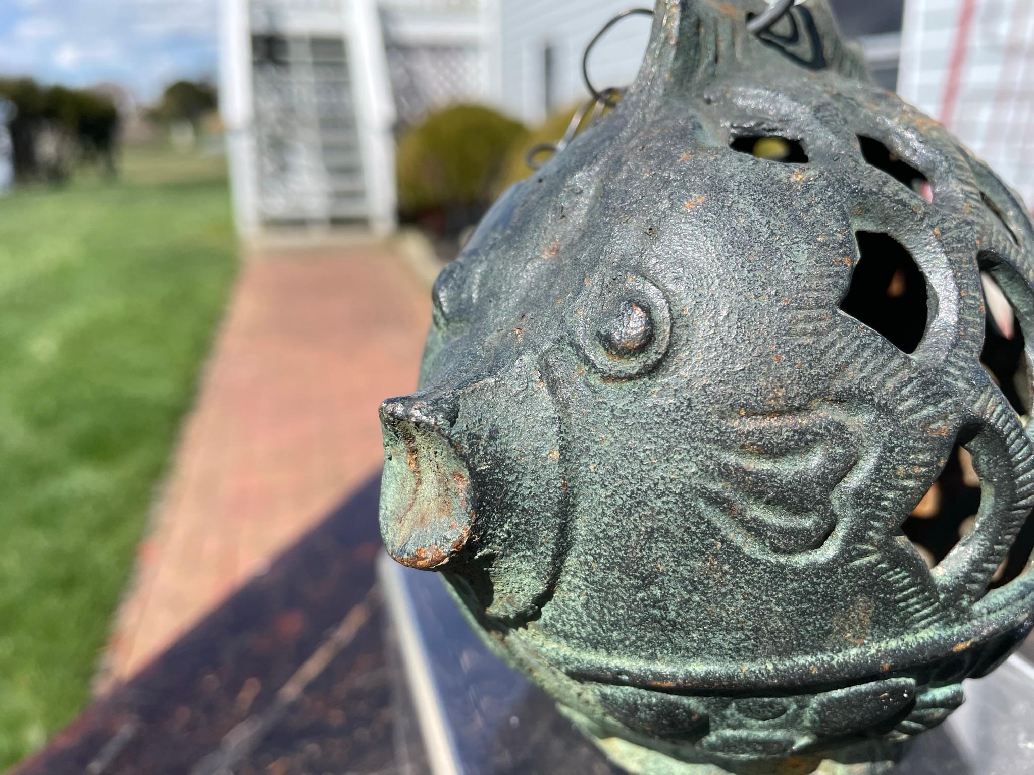 Iron Japanese Rare Old Vintage Baby Puffer Fish Lighting Lantern