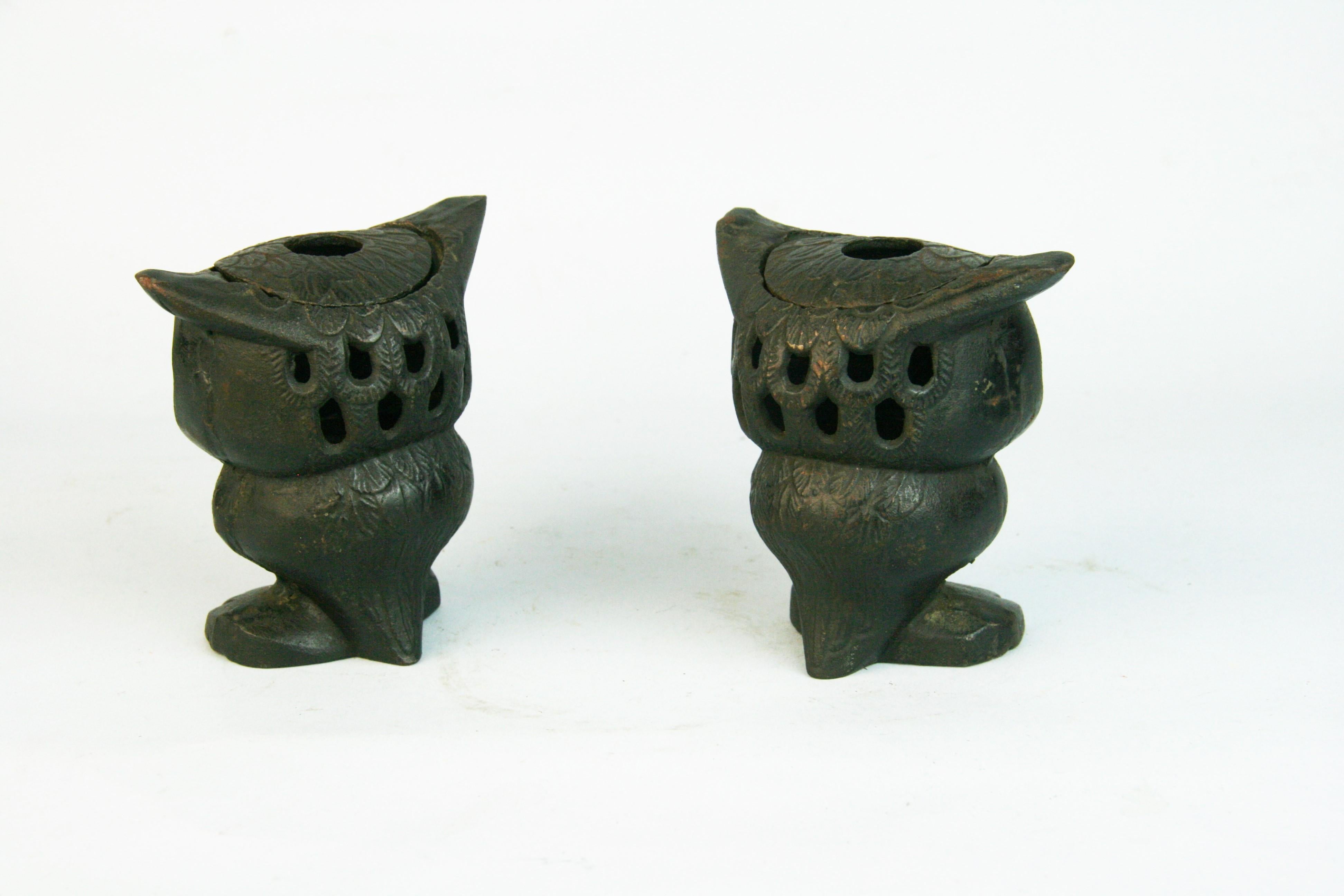 Iron Pair Japanese Rare Pair Big Foot Owl Candle Lanterns 1960's