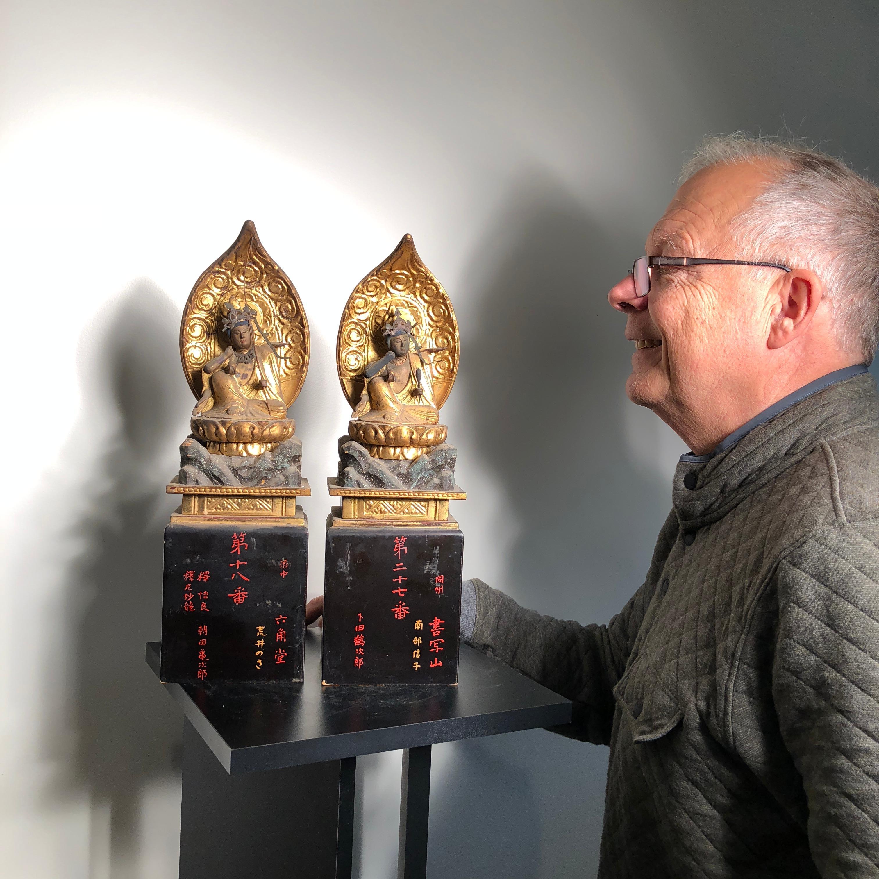 Unusual pair Nyoirin Kanon depictions protectors of mankind.

These scarce and lovely Japanese temple finds, a pair of gold gilt and lacquered wooden Kanon, Guan yin and Bodhisattva, standing tall and with multiple arms and hands in assisting