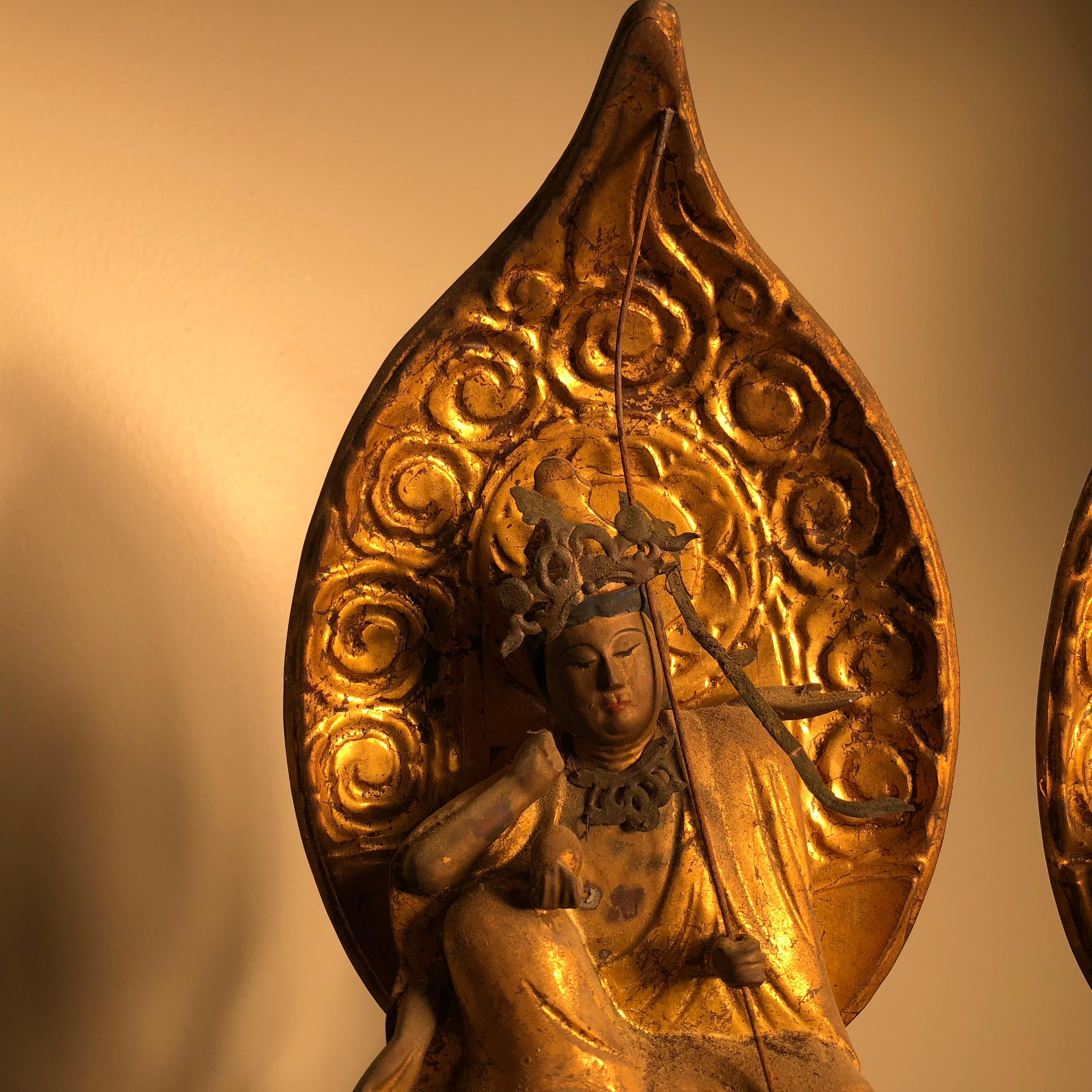 Hand-Carved Japanese Rare Pair of Protection Nyoirin Kanon Protectors of Mankind