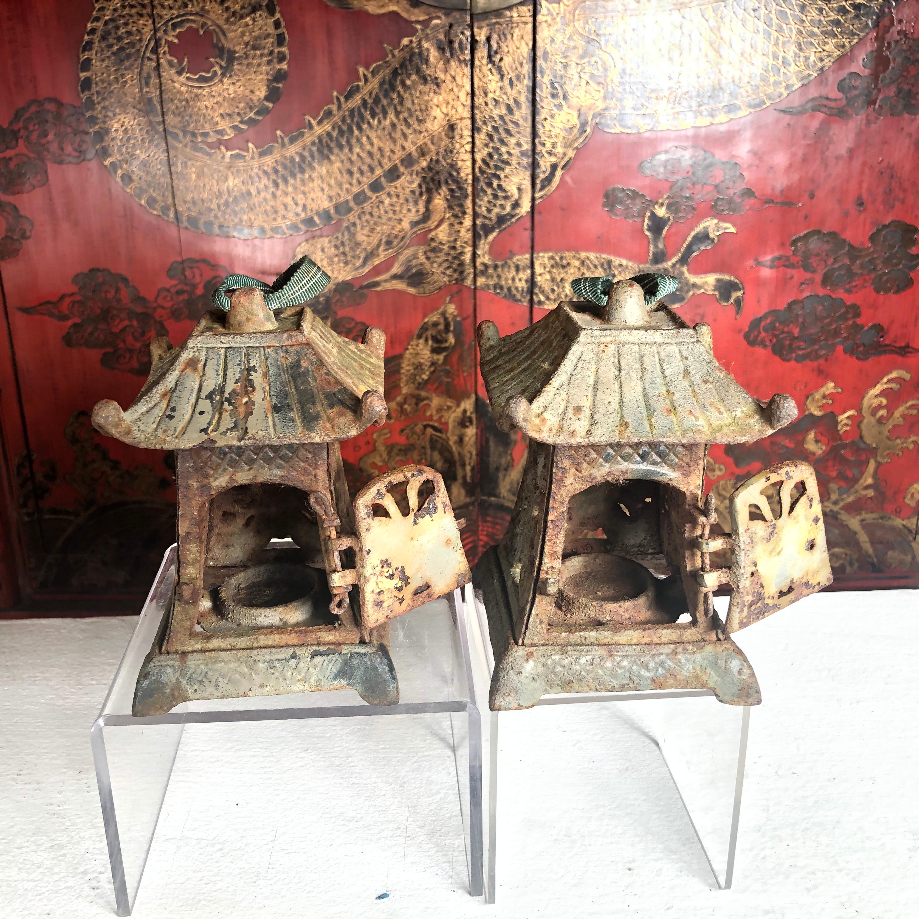 Iron Japanese Rare Pair Old Butterfly Garden Lanterns