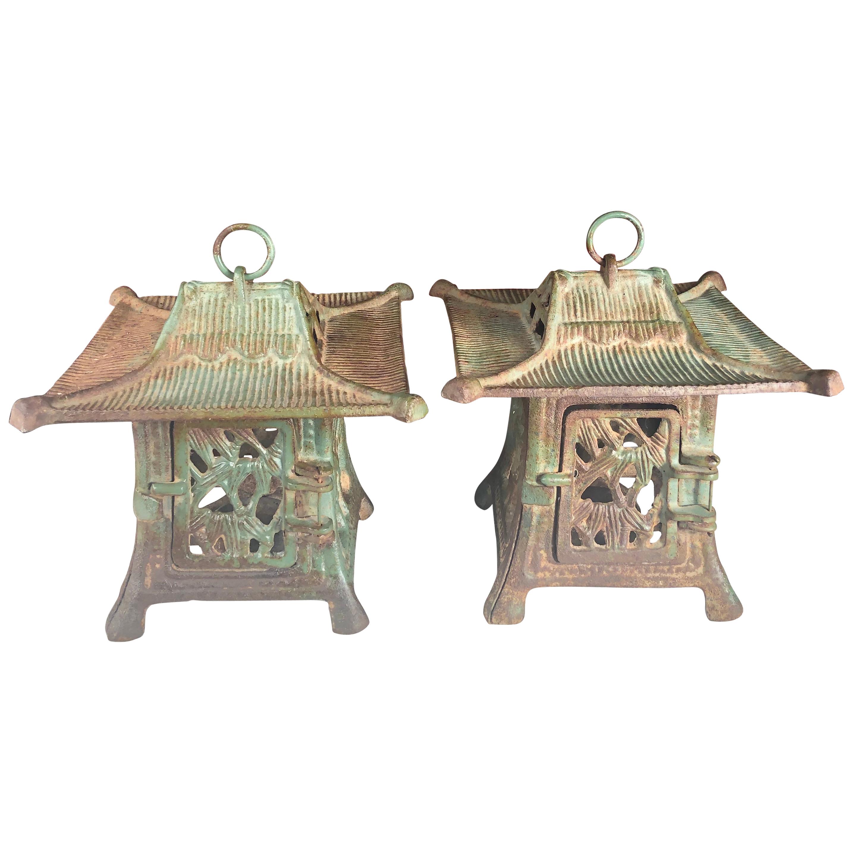 Japanese Rare Pair of Old "Flowers & Bamboo" Flower Garden Lanterns