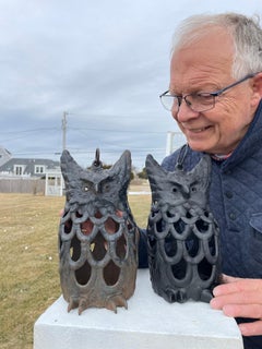 Japanese Genuine Signed Pair Old Owl Lighting Lanterns, Hard to Find