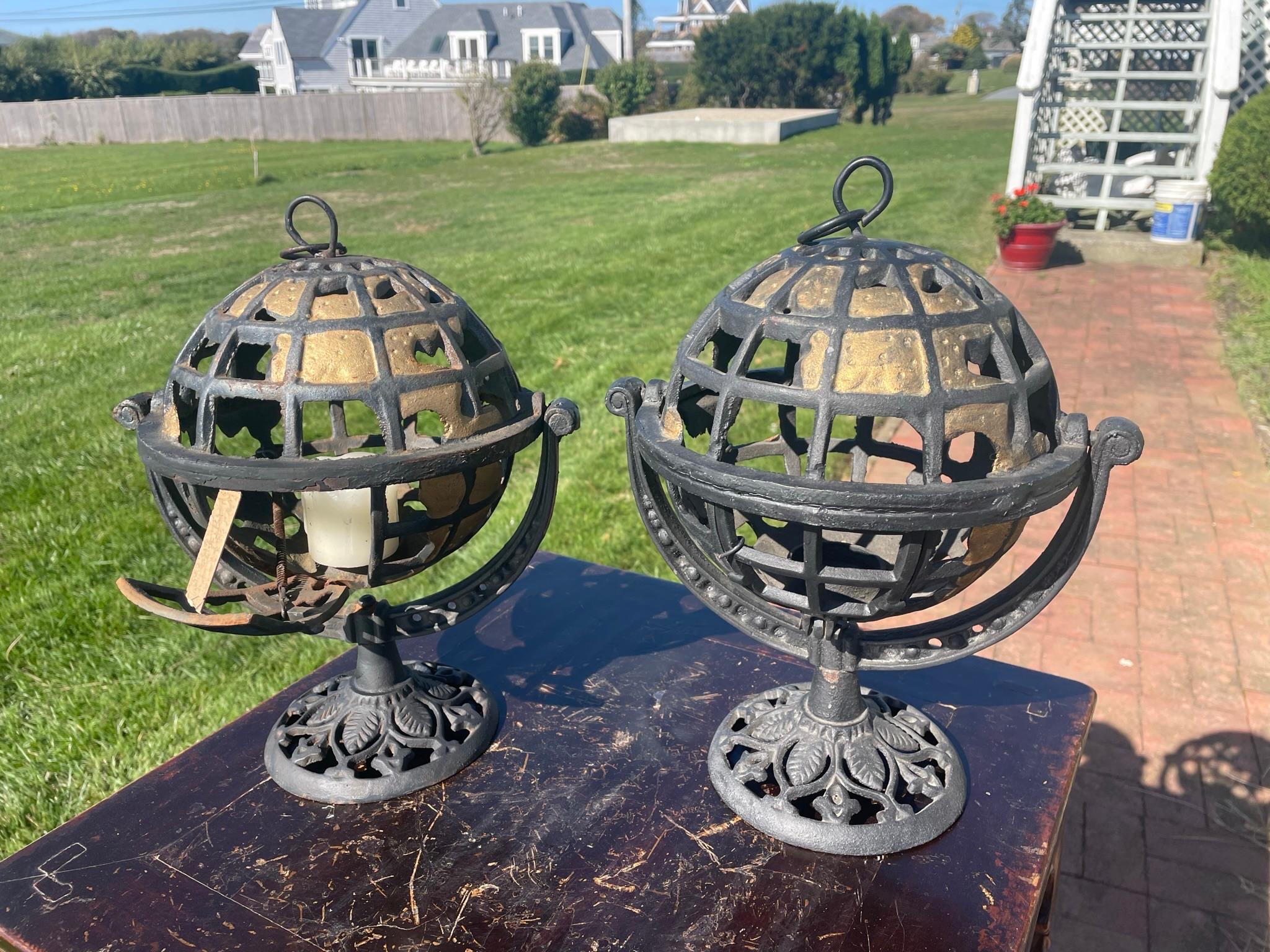 Japanese Rare Pair Old World Globe Lighting Lanterns For Sale 4