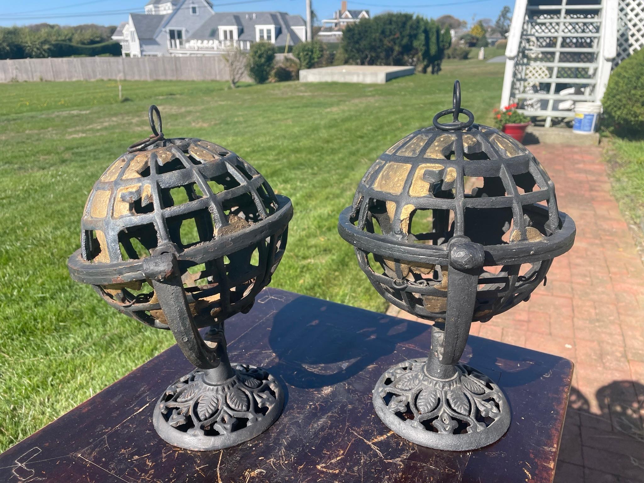 Showa Japanese Rare Pair Old World Globe Lighting Lanterns For Sale