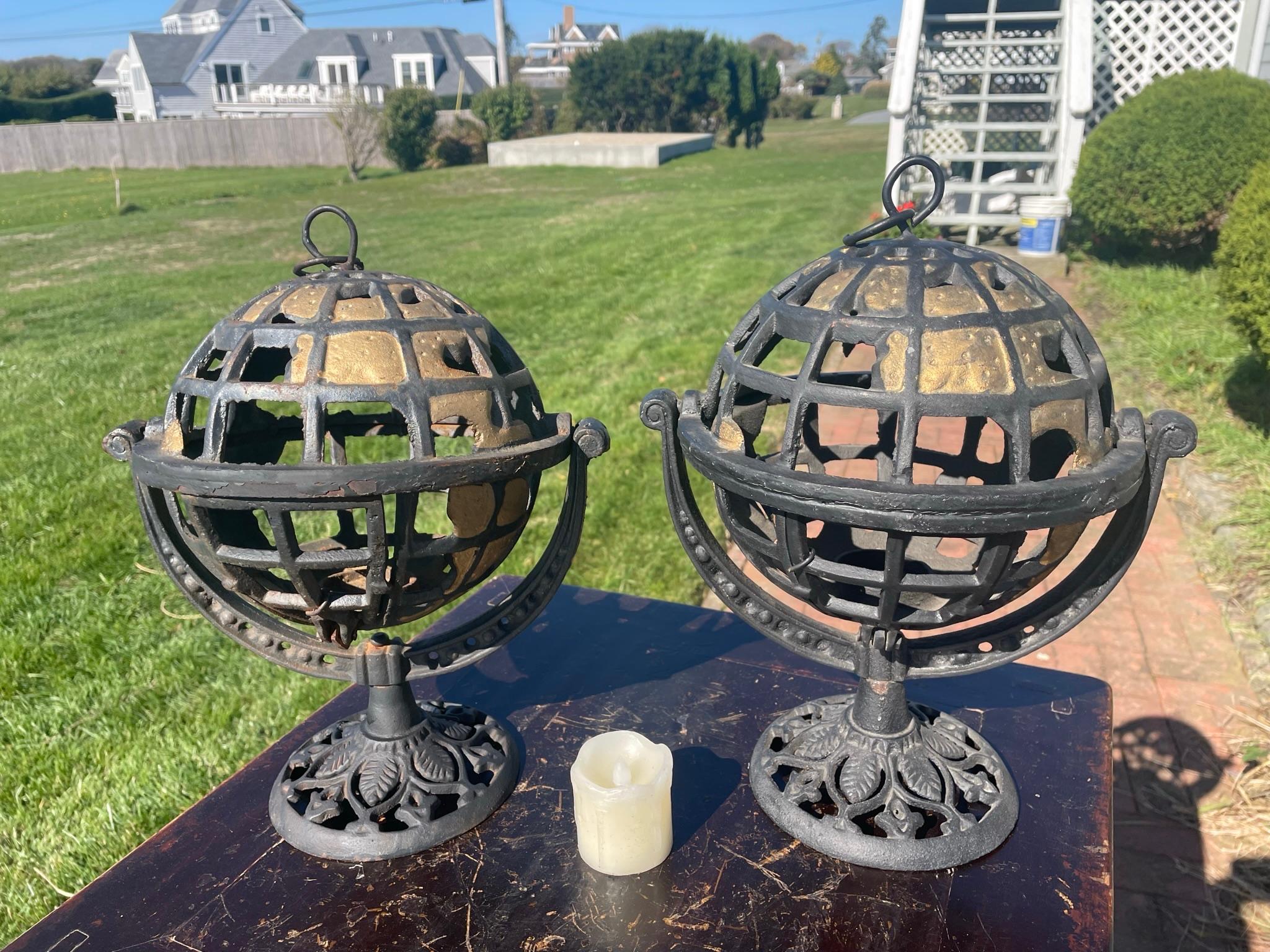 Gilt Japanese Rare Pair Old World Globe Lighting Lanterns For Sale