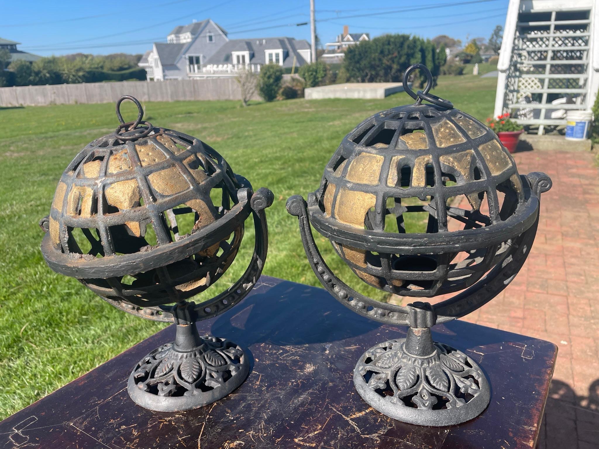 Iron Japanese Rare Pair Old World Globe Lighting Lanterns For Sale