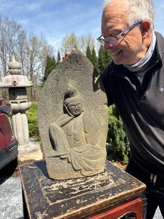 Japanese Rare Serene Stone Buddha Kanon Guan Yin, 19th century