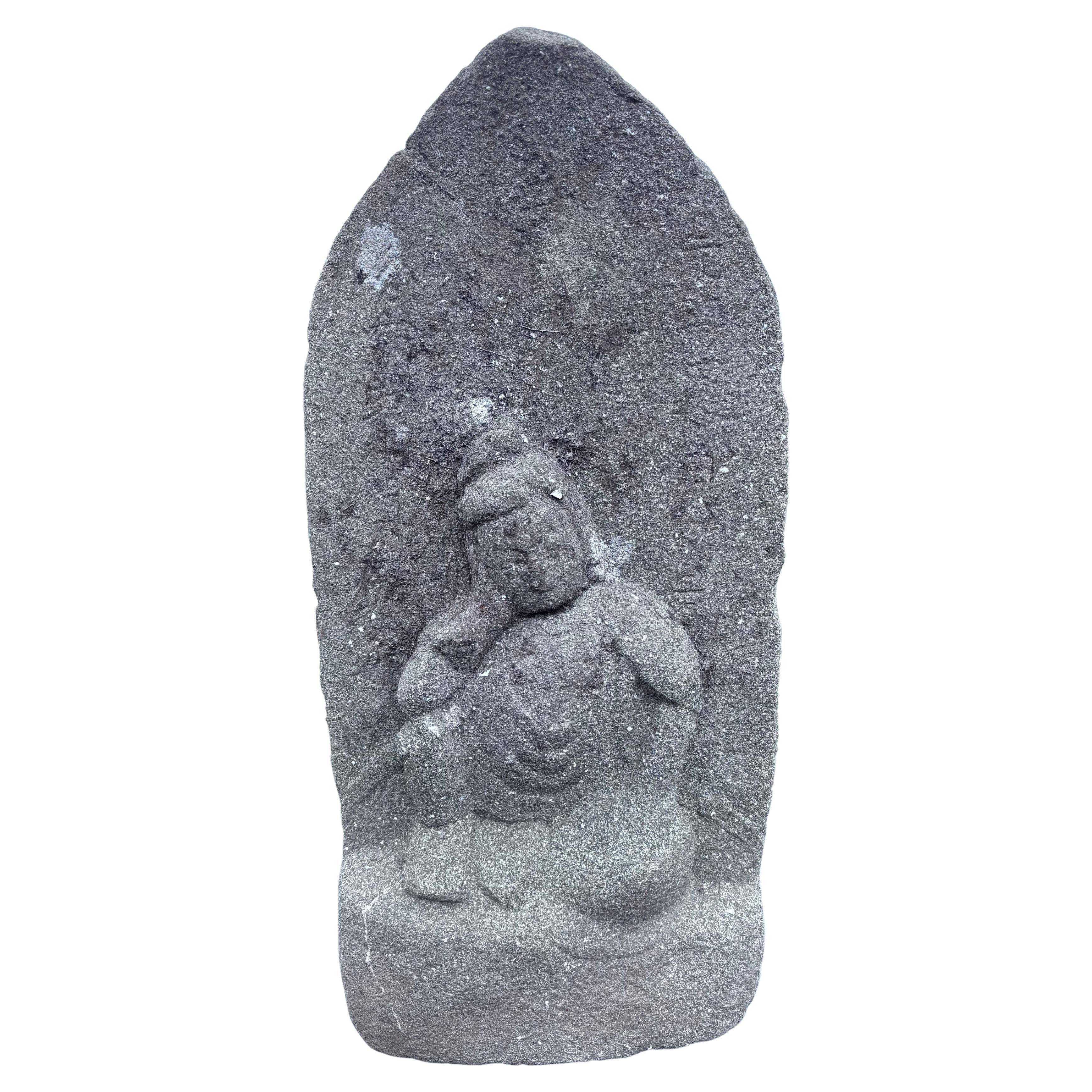Japanese Large  Antique Stone Garden Kanon Guan Yin in Royal Ease 19thc, signed