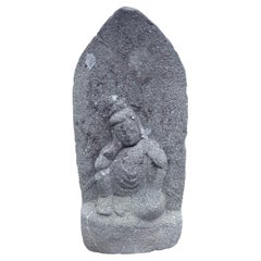 Japanese Large  Antique Stone Garden Kanon Guan Yin in Royal Ease 19thc, signed