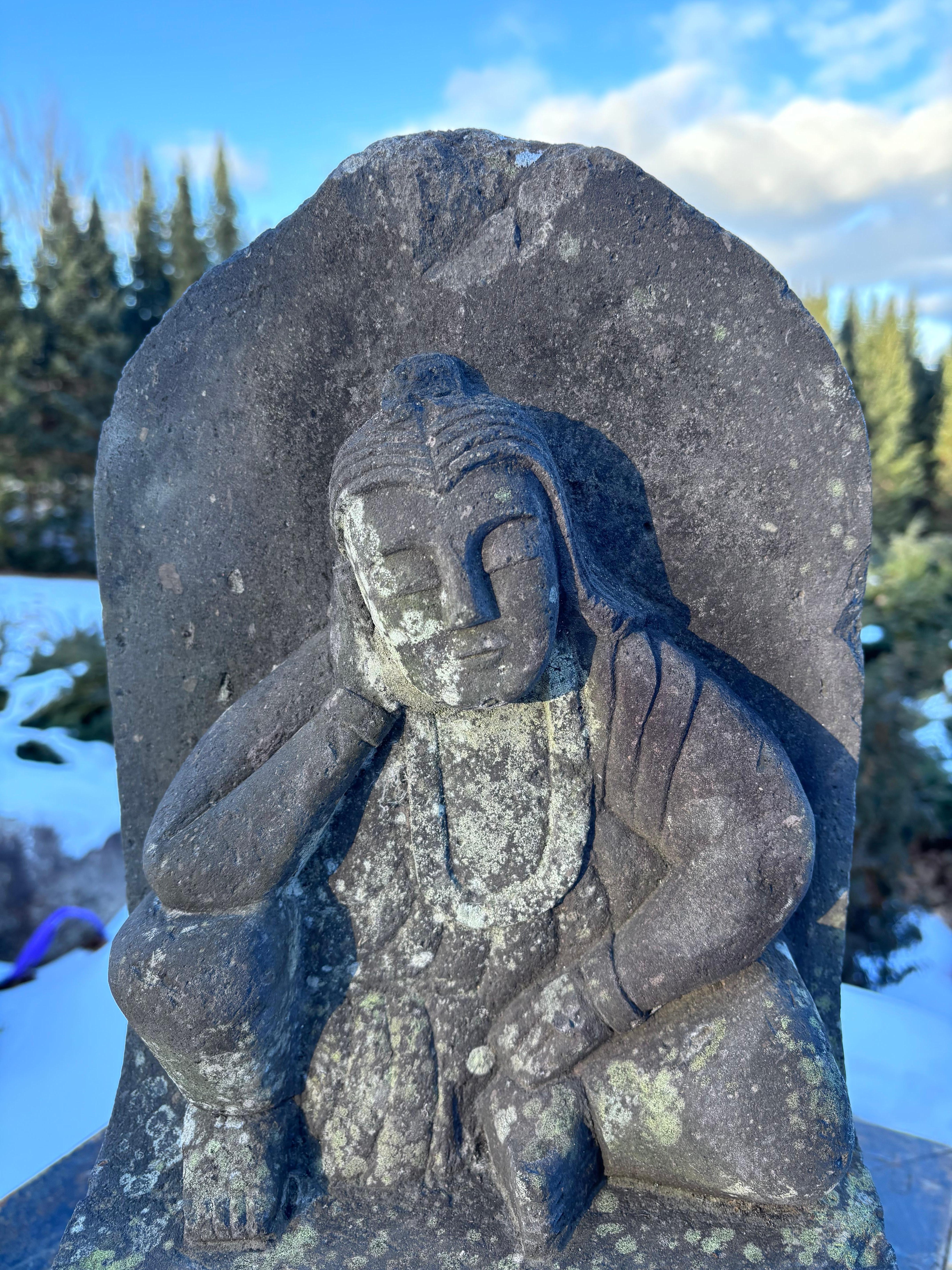 Hand-Carved Japanese Rare Tall Antique Stone Buddha Shakyamuni Dated 1853, 27 Inches For Sale