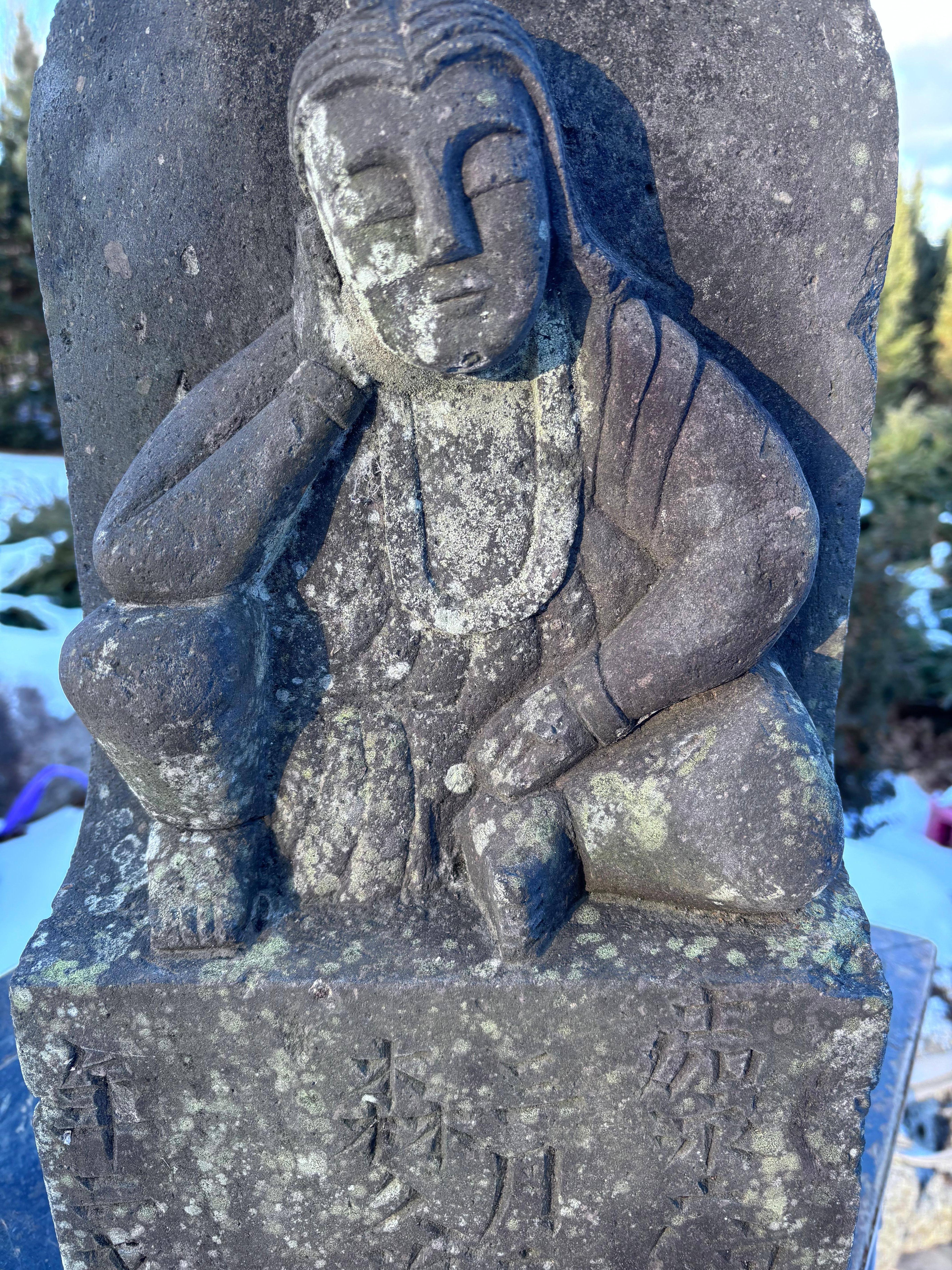 Japanese Rare Tall Antique Stone Buddha Shakyamuni Dated 1853, 27 Inches In Good Condition For Sale In South Burlington, VT