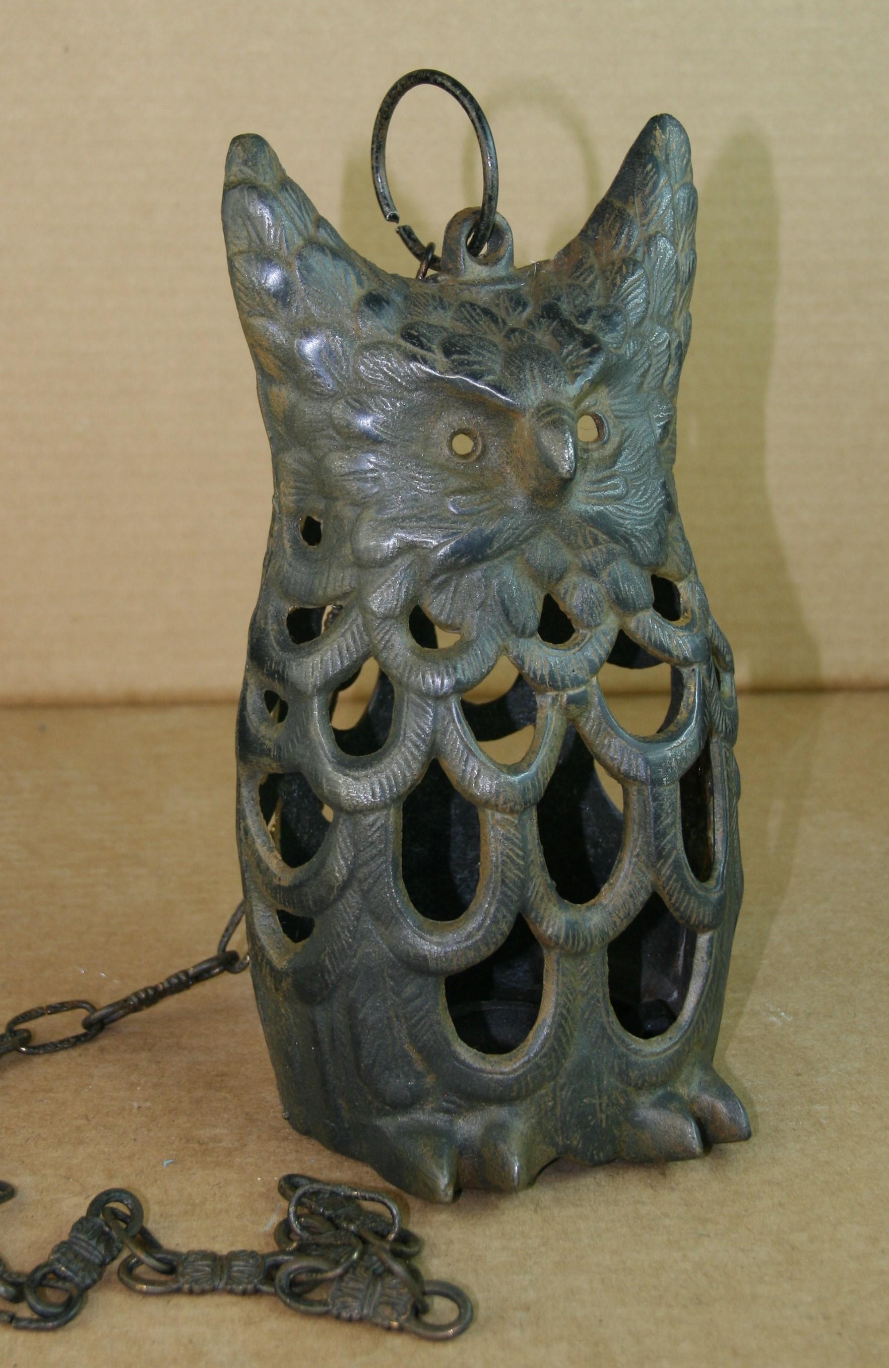 3-992 Rare tall Japanese owl garden candle lantern supplied with antique chain for hanging.