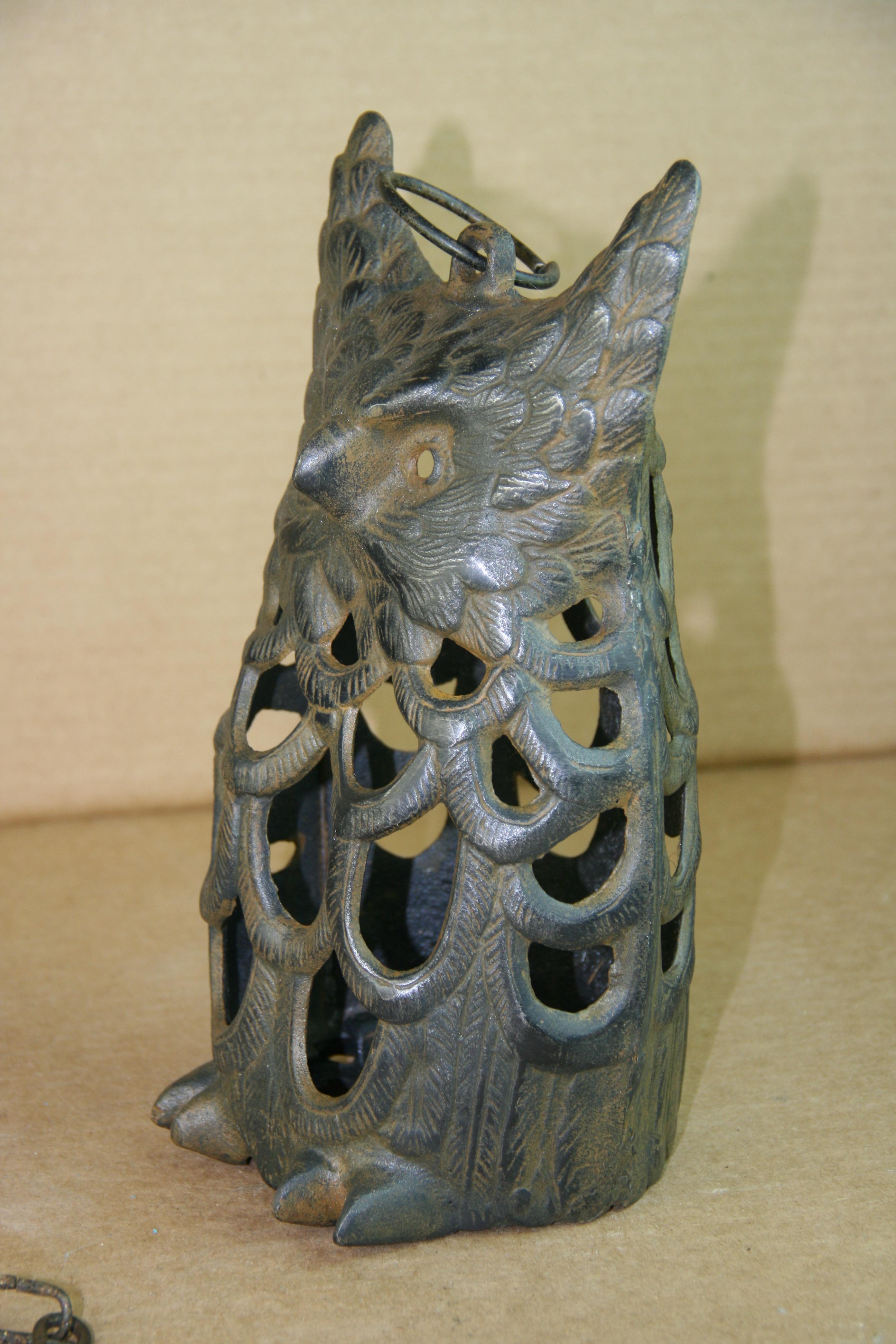 Japanese Rare Oversized Owl Garden Candle Lantern with Antique Chain For Sale 1