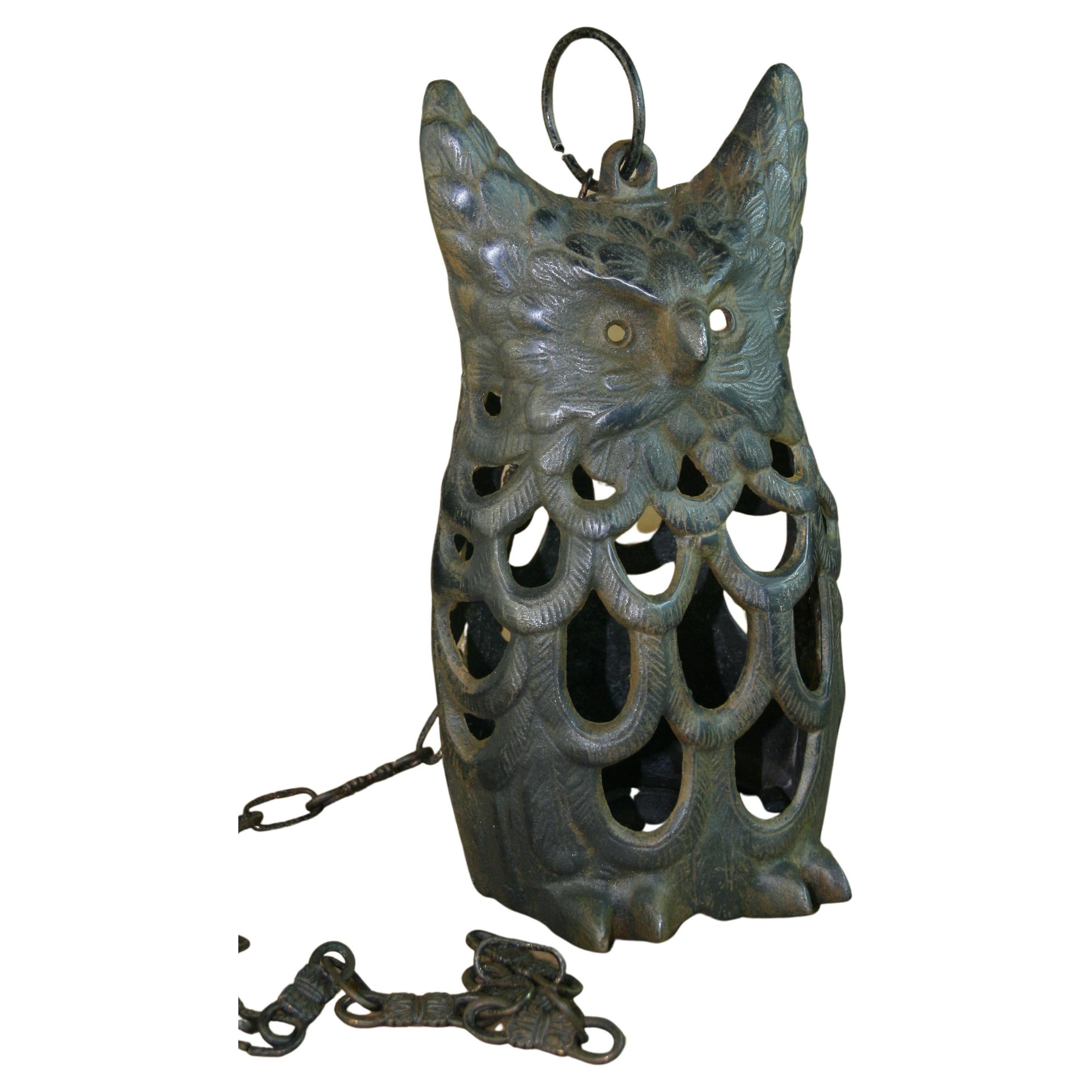 Japanese Rare Oversized Owl Garden Candle Lantern with Antique Chain For Sale