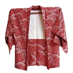 Japanese red and white Haori Kimono Coat for Women with Silk Shibori 1970s