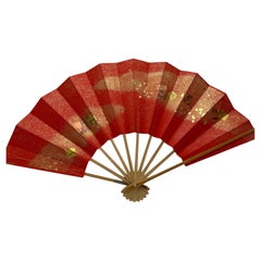 Japanischer Fächer aus rotem Bambus und Papier mit goldener Wendeplatte aus den 1990er Jahren