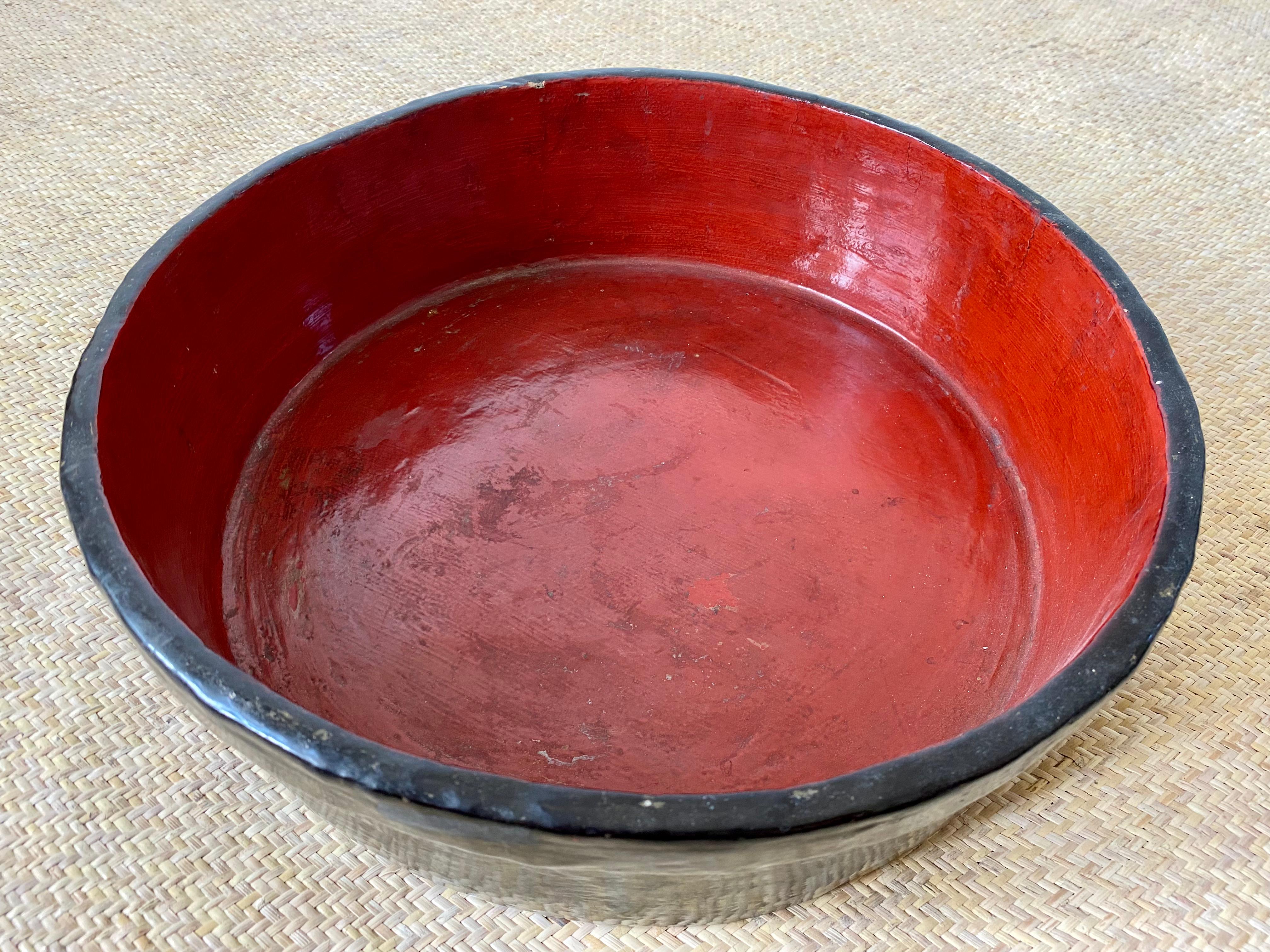 Meiji Large Japanese Red & Black Lacquer Wooden Bowl, Early 20th Century For Sale