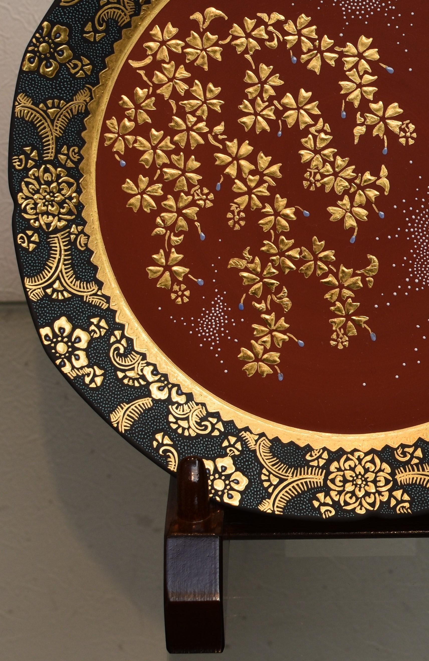 Gilt Japanese Red Black Porcelain Platter by Kutani Master Artist
