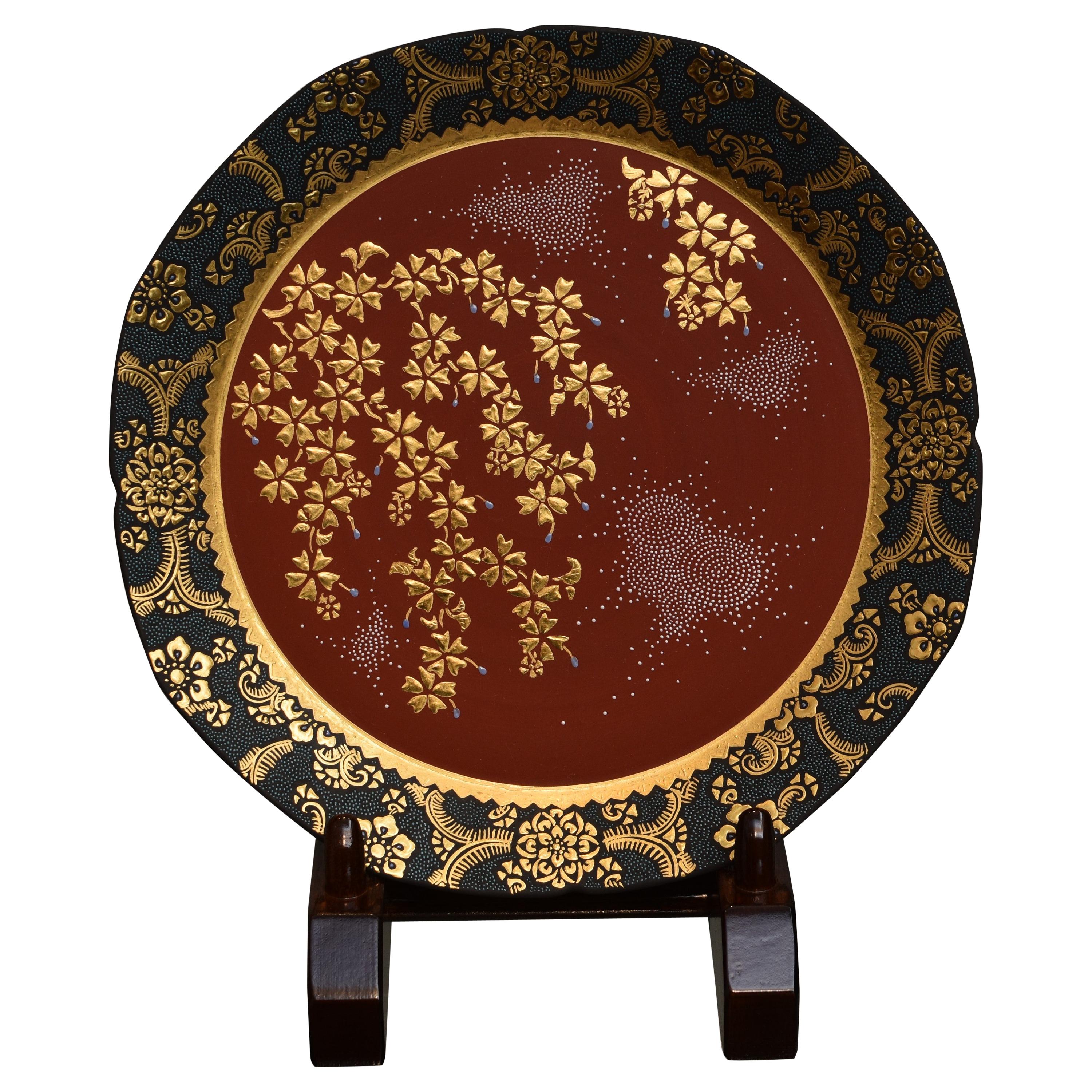 Japanese Red Black Porcelain Platter by Kutani Master Artist