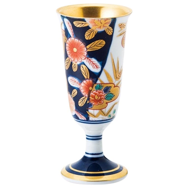 Japanese Contemporary Blue White Gilded Porcelain Cup For Sale