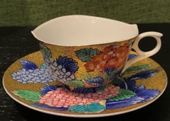 Japanese Red Blue Gold Porcelain Cup and Saucer by Contemporary Master Artist, 3
