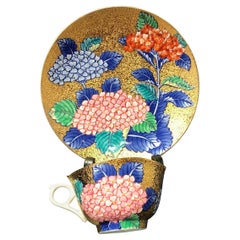 Japanese Red Blue Gold Porcelain Cup and Saucer by Contemporary Master Artist, 3