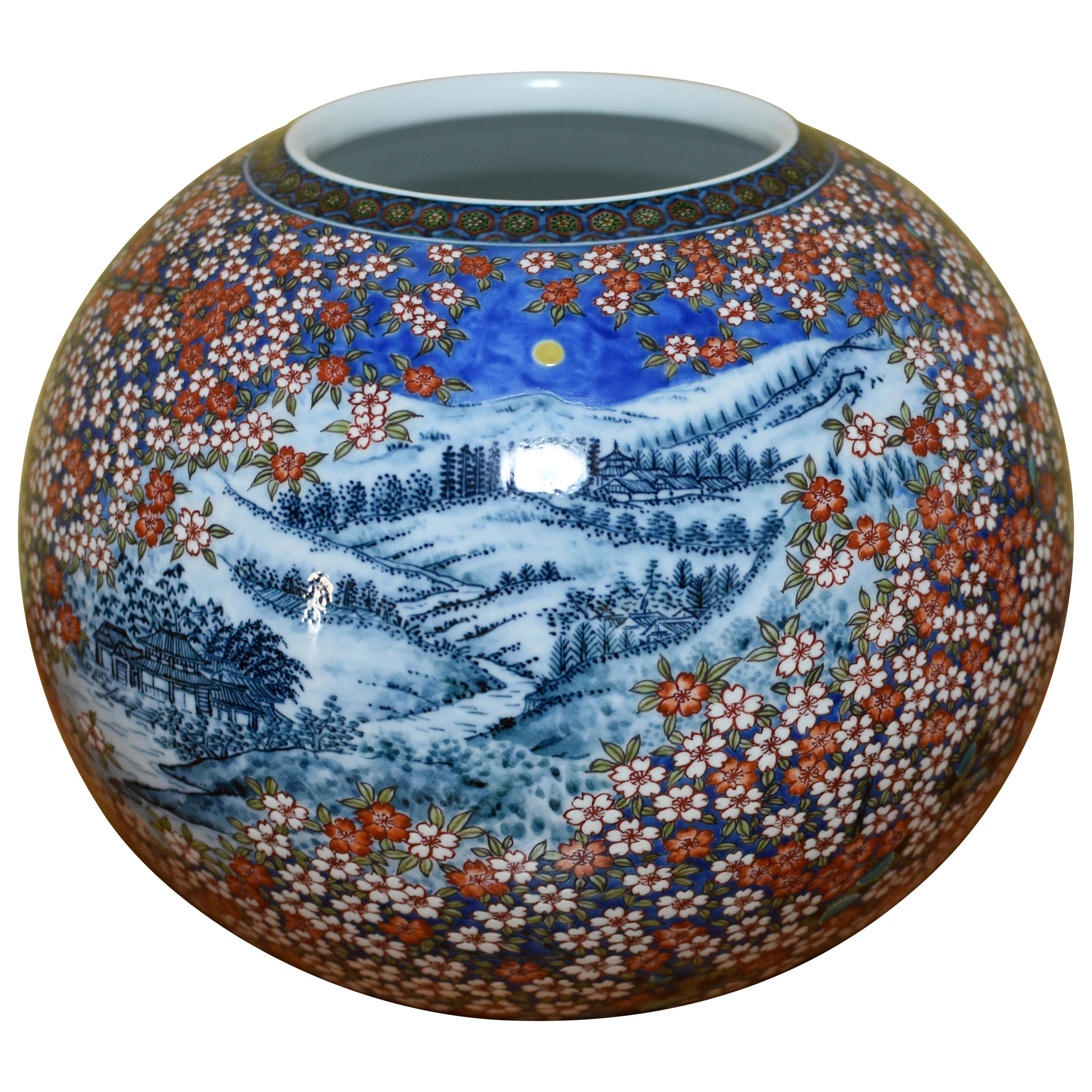 Japanese Red White Blue Porcelain Vase by Contemporary Master Artist
