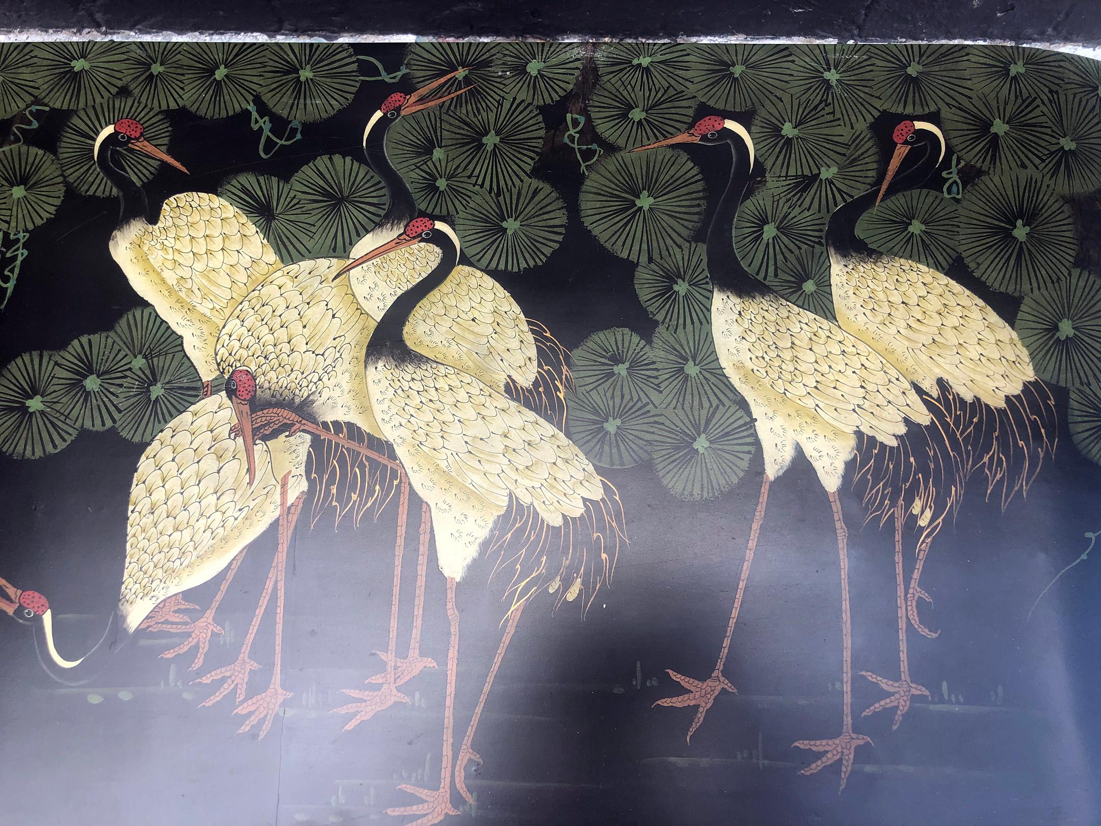 Japanese Red-Crowned Cranes Scroll Coffee Table In Fair Condition In Culver City, CA