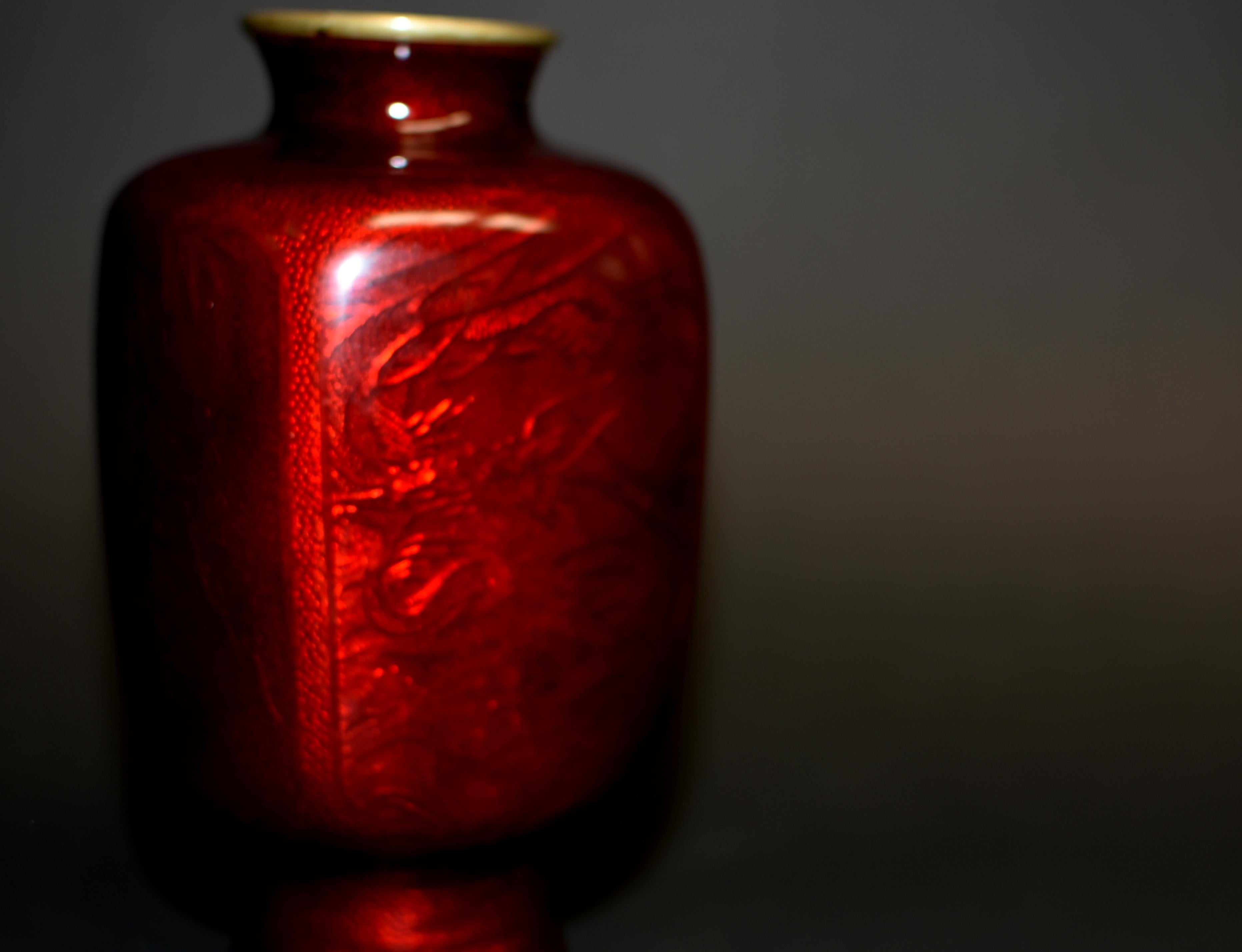 Japanese Red Ginbari Cloisonne Vase Unique For Sale 3