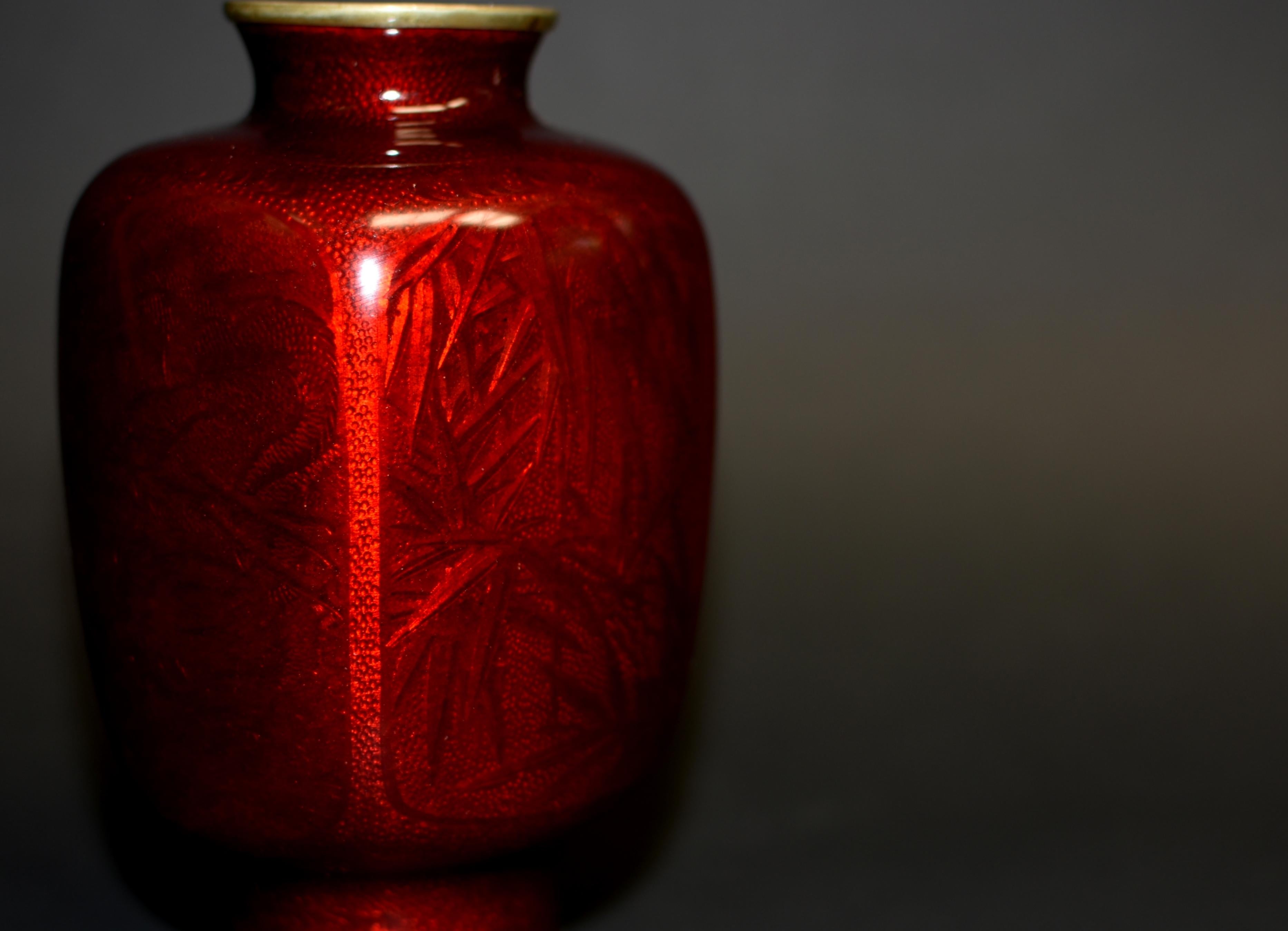 Japanese Red Ginbari Cloisonne Vase Unique For Sale 4