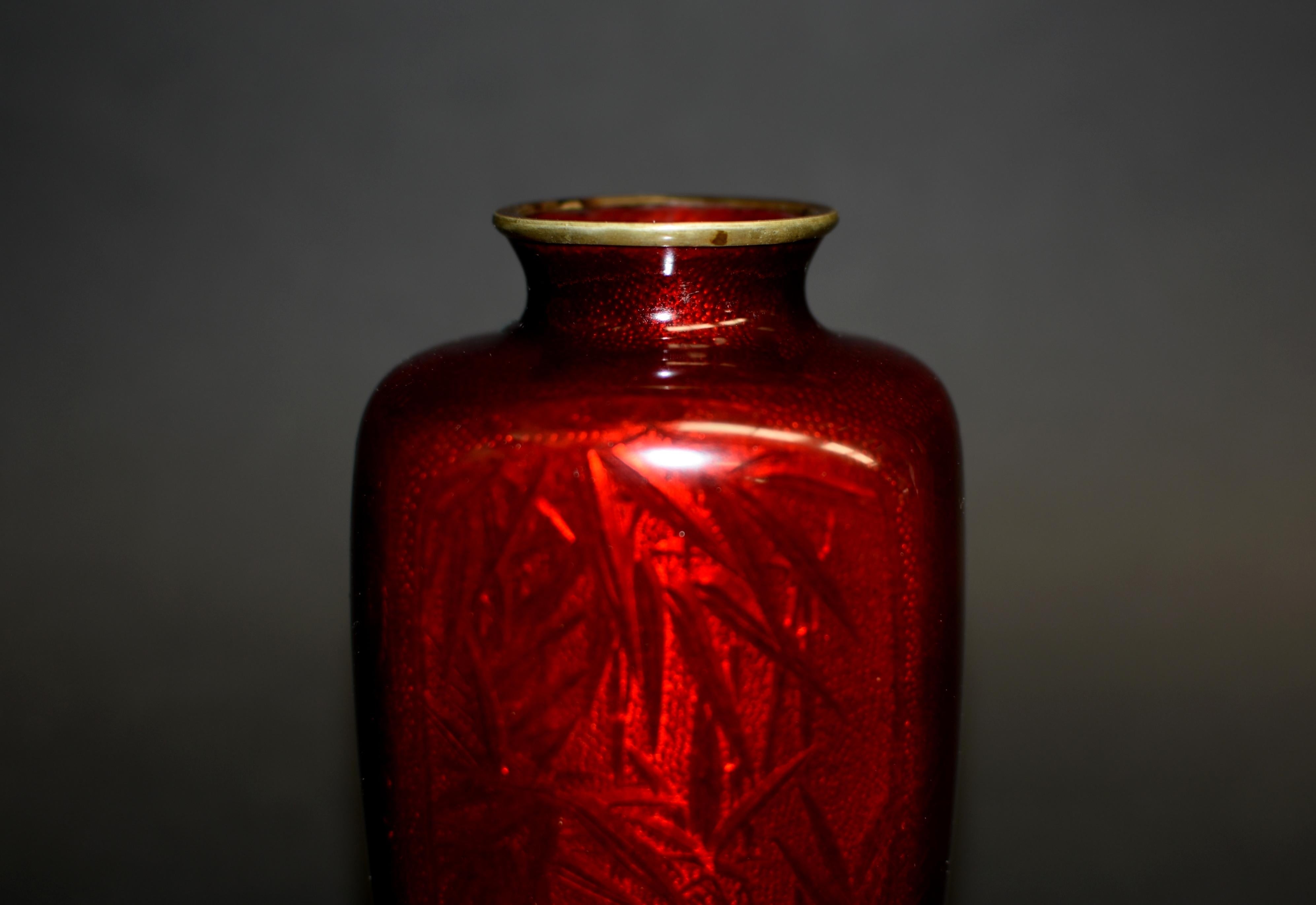 Japanese Red Ginbari Cloisonne Vase Unique For Sale 6