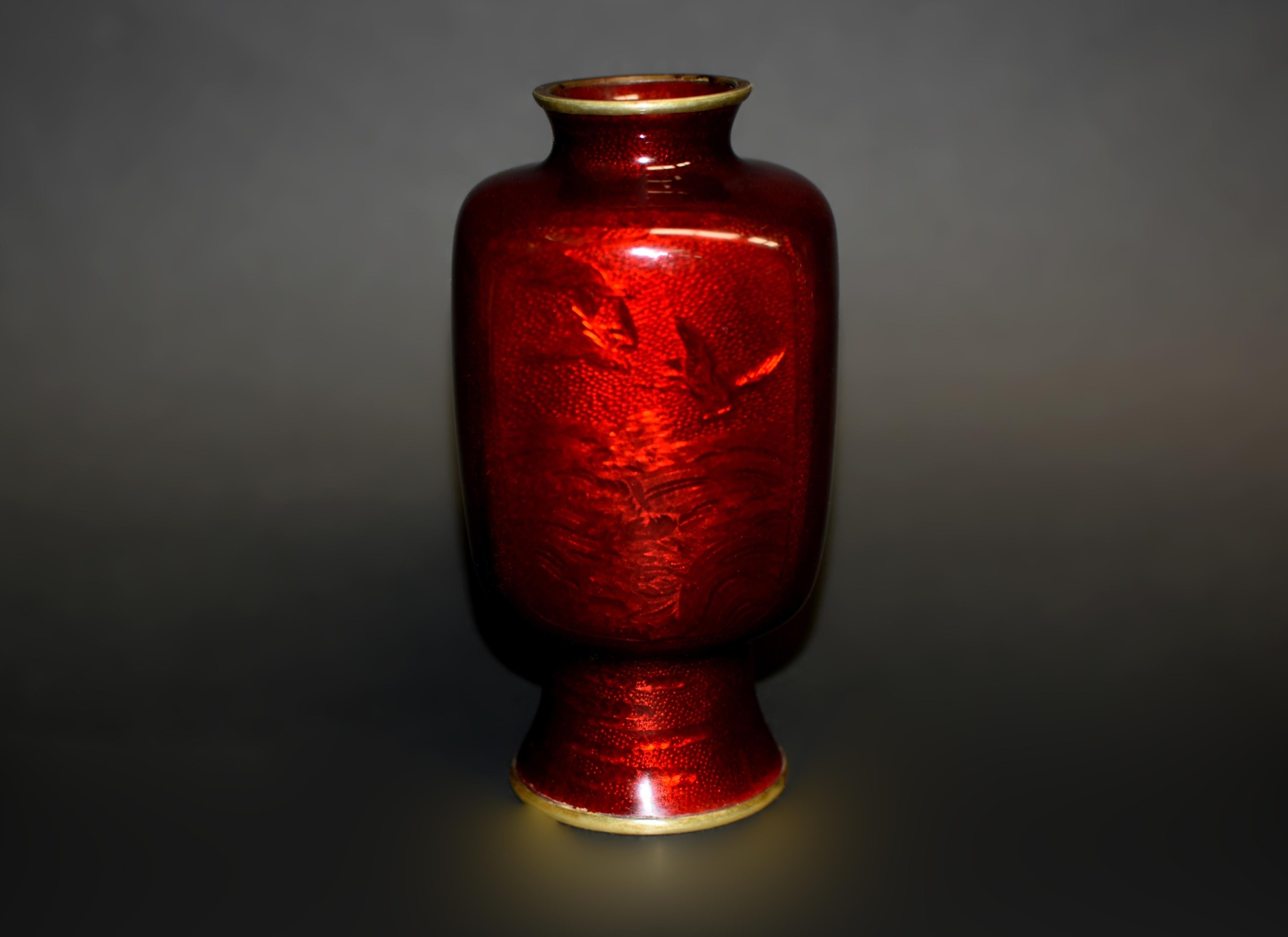 Showa Japanese Red Ginbari Cloisonne Vase Unique For Sale