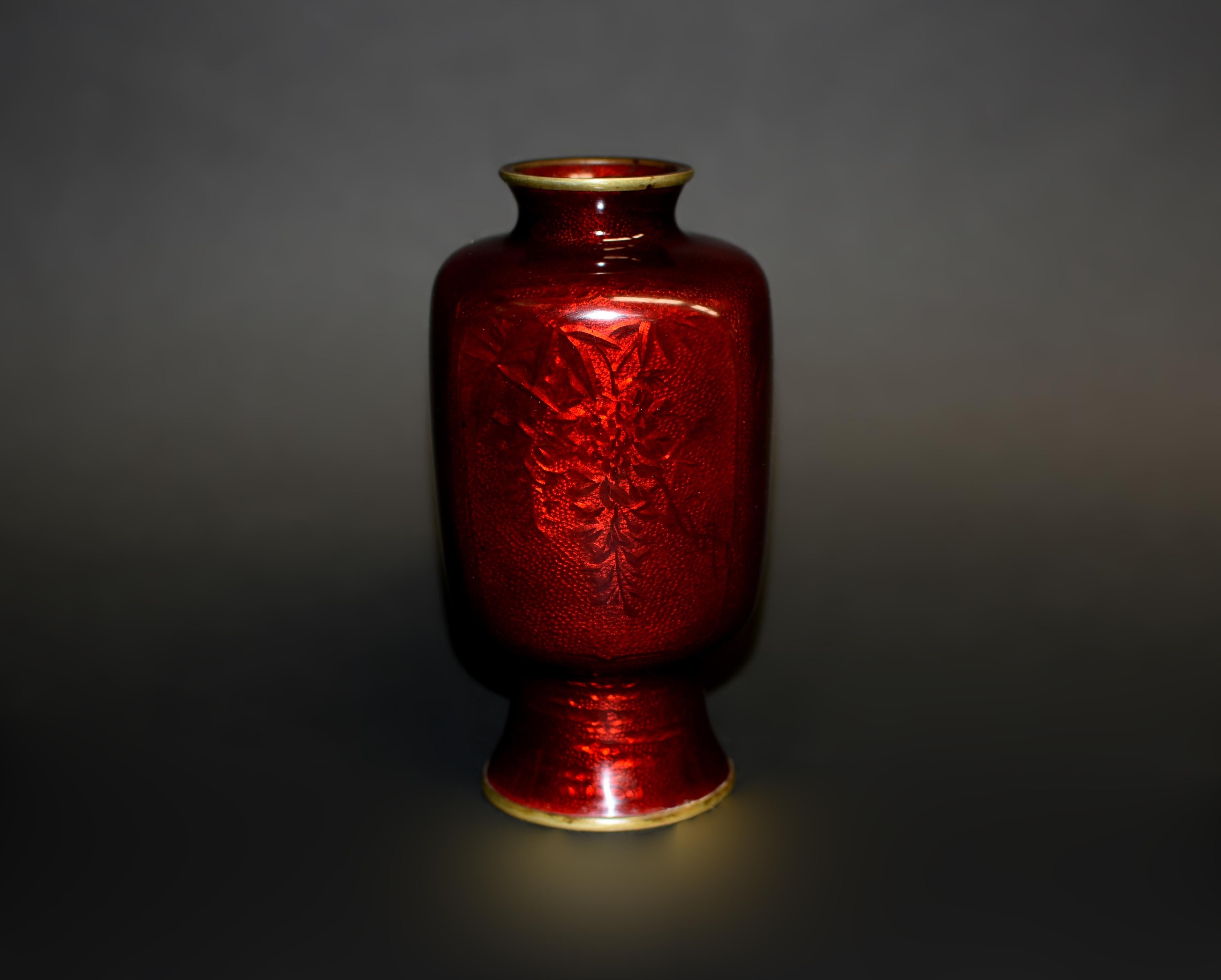 Enameled Japanese Red Ginbari Cloisonne Vase Unique For Sale