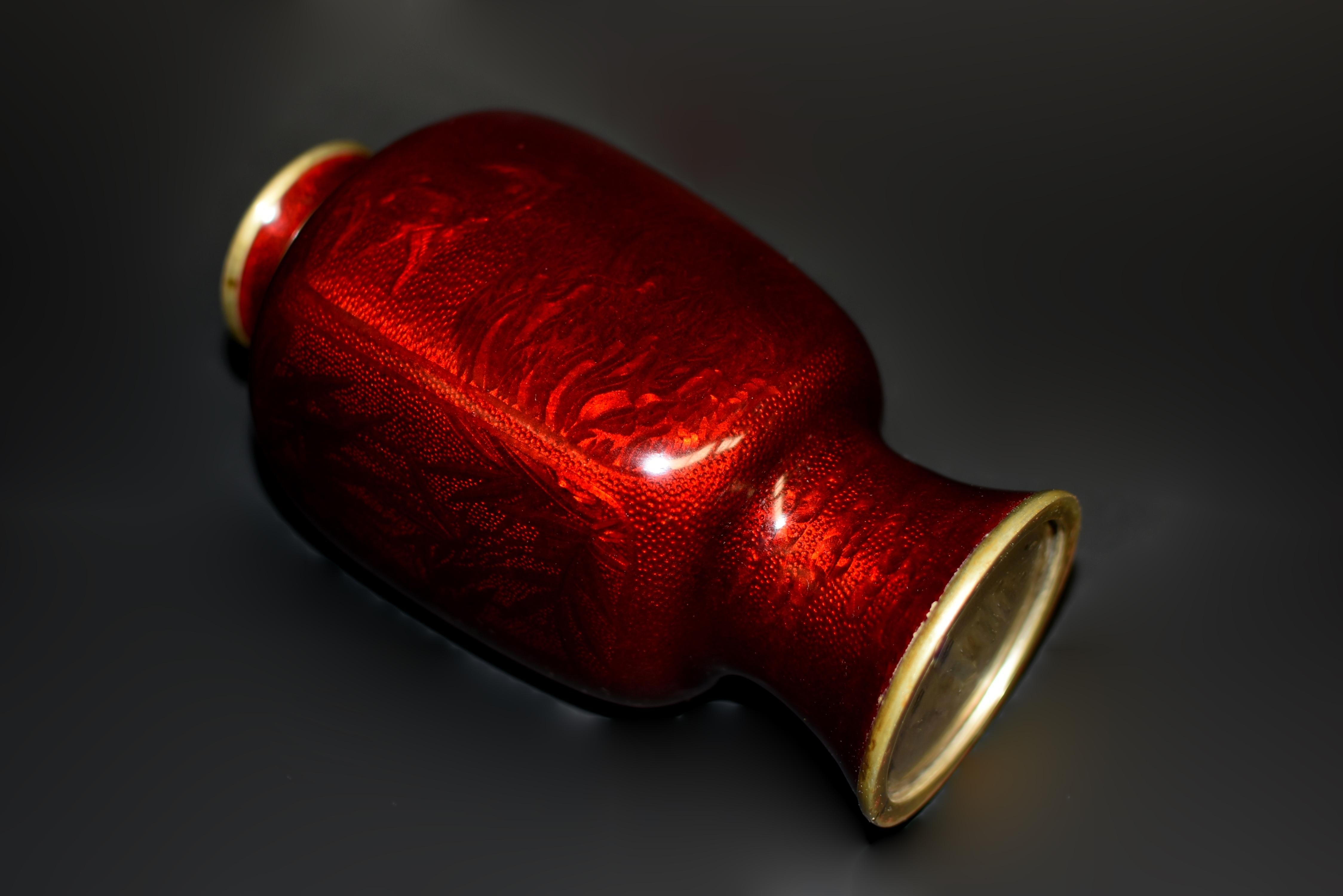 Metal Japanese Red Ginbari Cloisonne Vase Unique For Sale