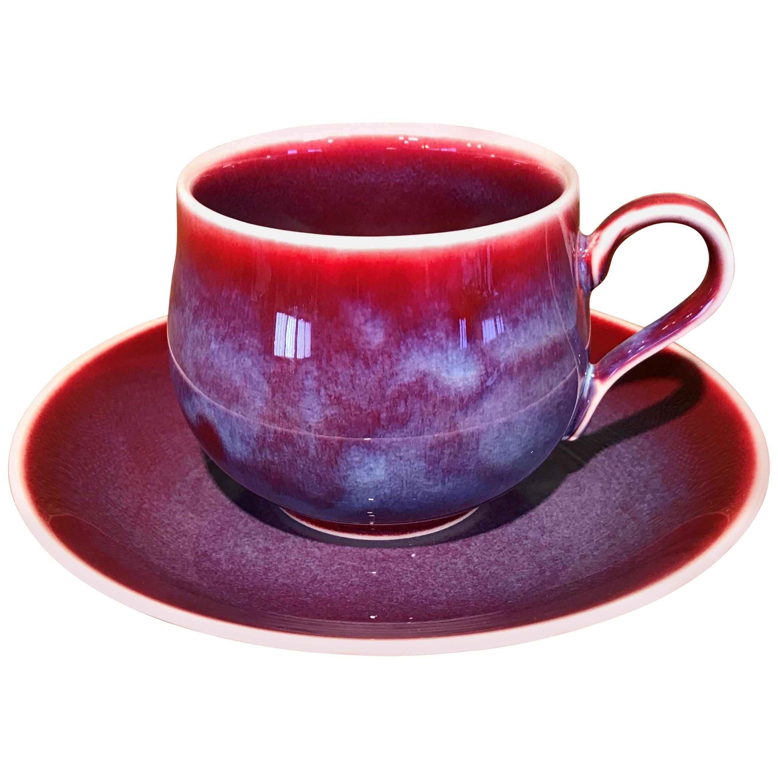 Japanese Red Hand-Glazed Porcelain Cup and Saucer by Contemporary Master Artist