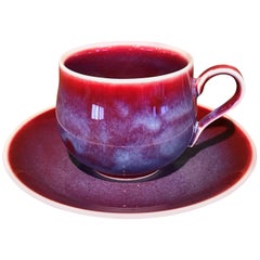 Japanese Red Hand-Glazed Porcelain Cup and Saucer by Contemporary Master Artist