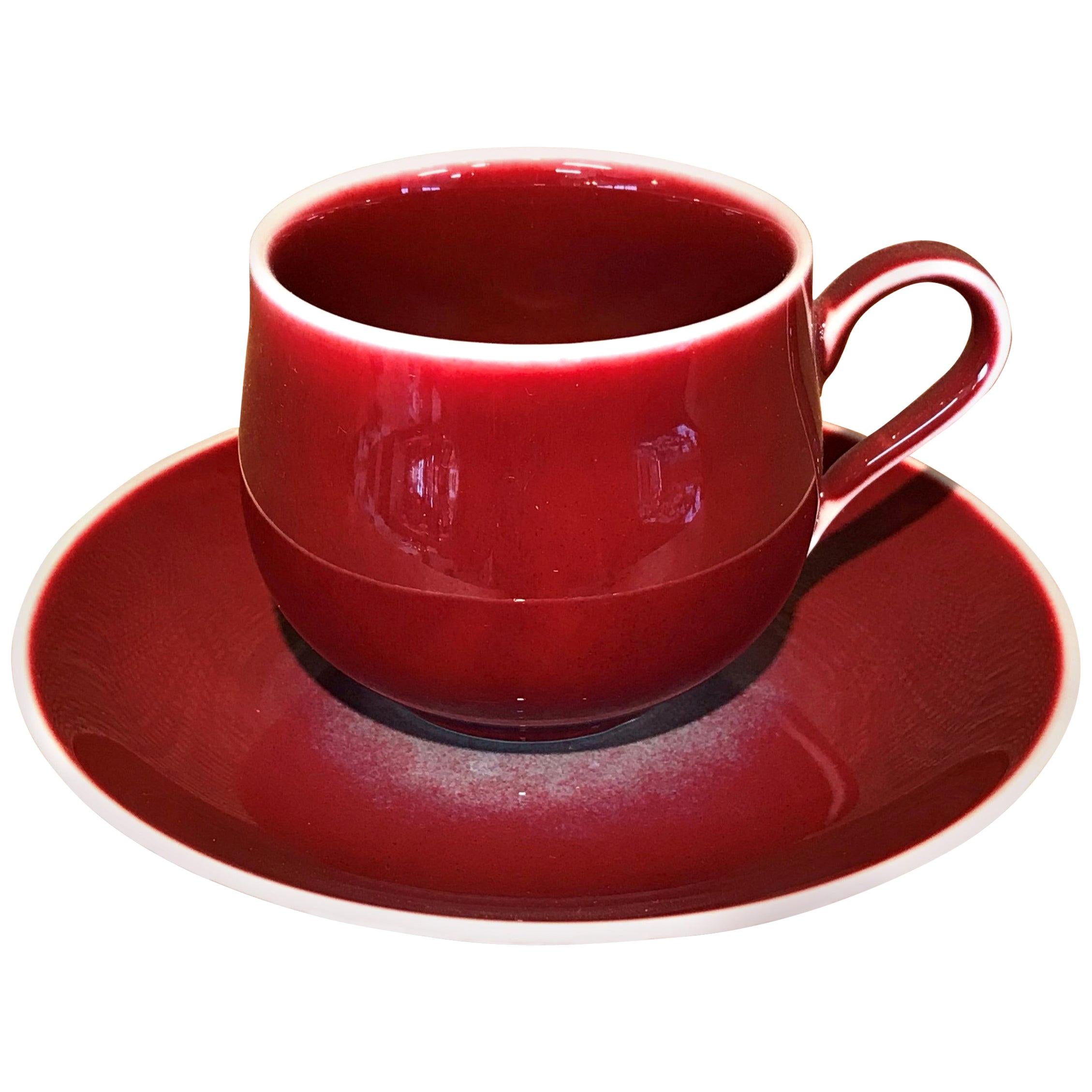 Japanese Red Hand-Glazed Porcelain Cup Saucer by Contemporary Master Artist