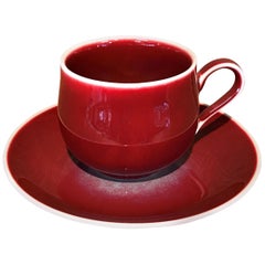 Japanese Red Hand-Glazed Porcelain Cup Saucer by Contemporary Master Artist