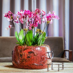 Japanese Red Lacquer Negoro Hibachi with Rabbits, Edo Period, c. 1850