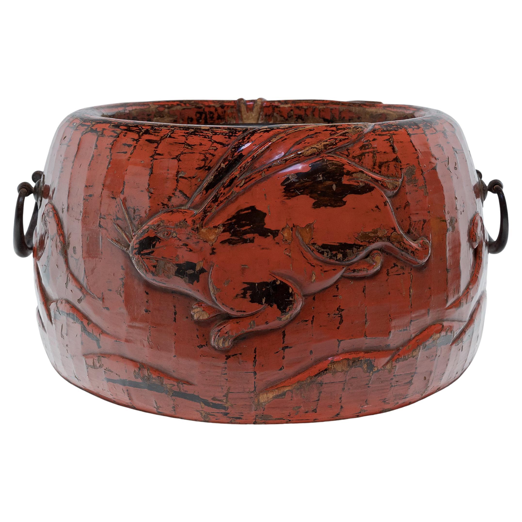 Japanese Red Lacquer Negoro Hibachi with Rabbits, Edo Period, c. 1850 For Sale