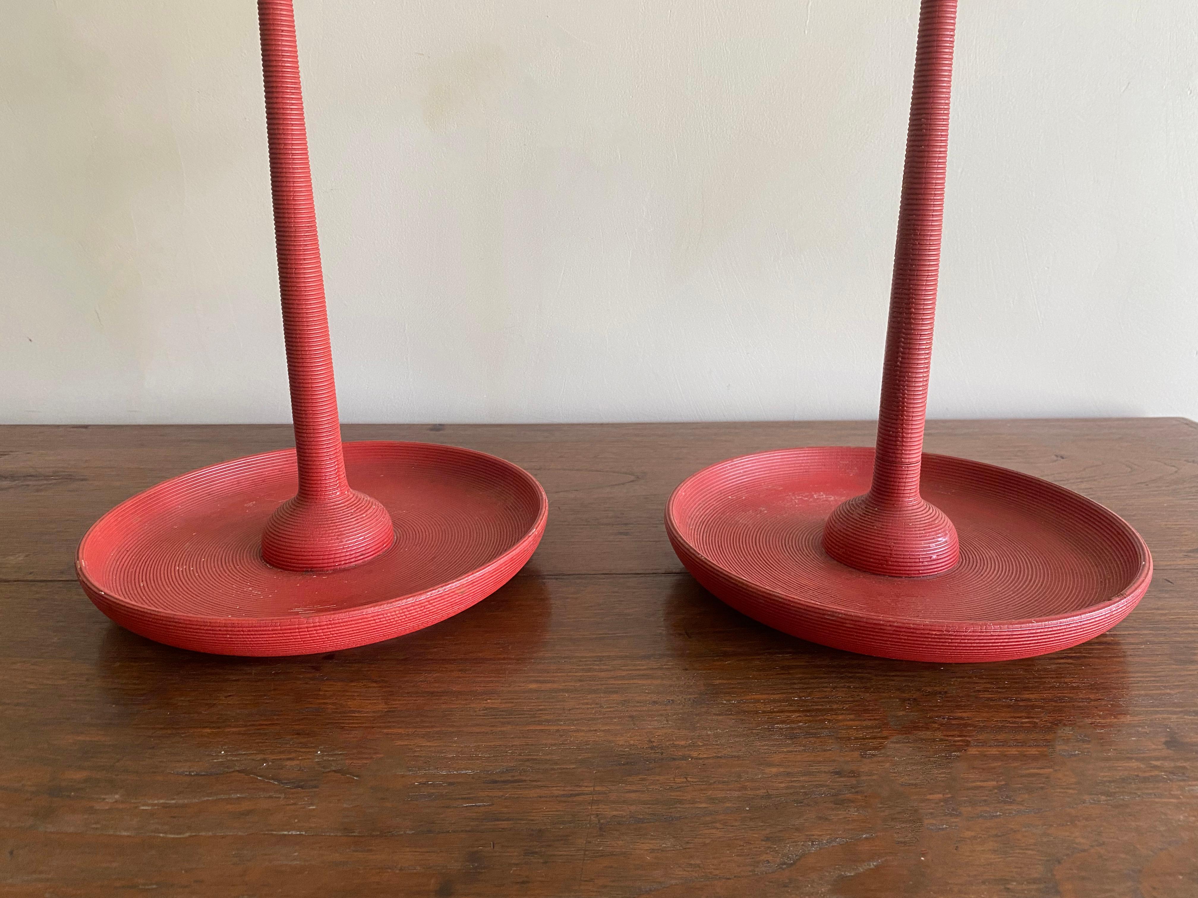 Japanese Red Lacquer Ribbed Candle Holder Pair, Meji Period c. 1900 For Sale 1