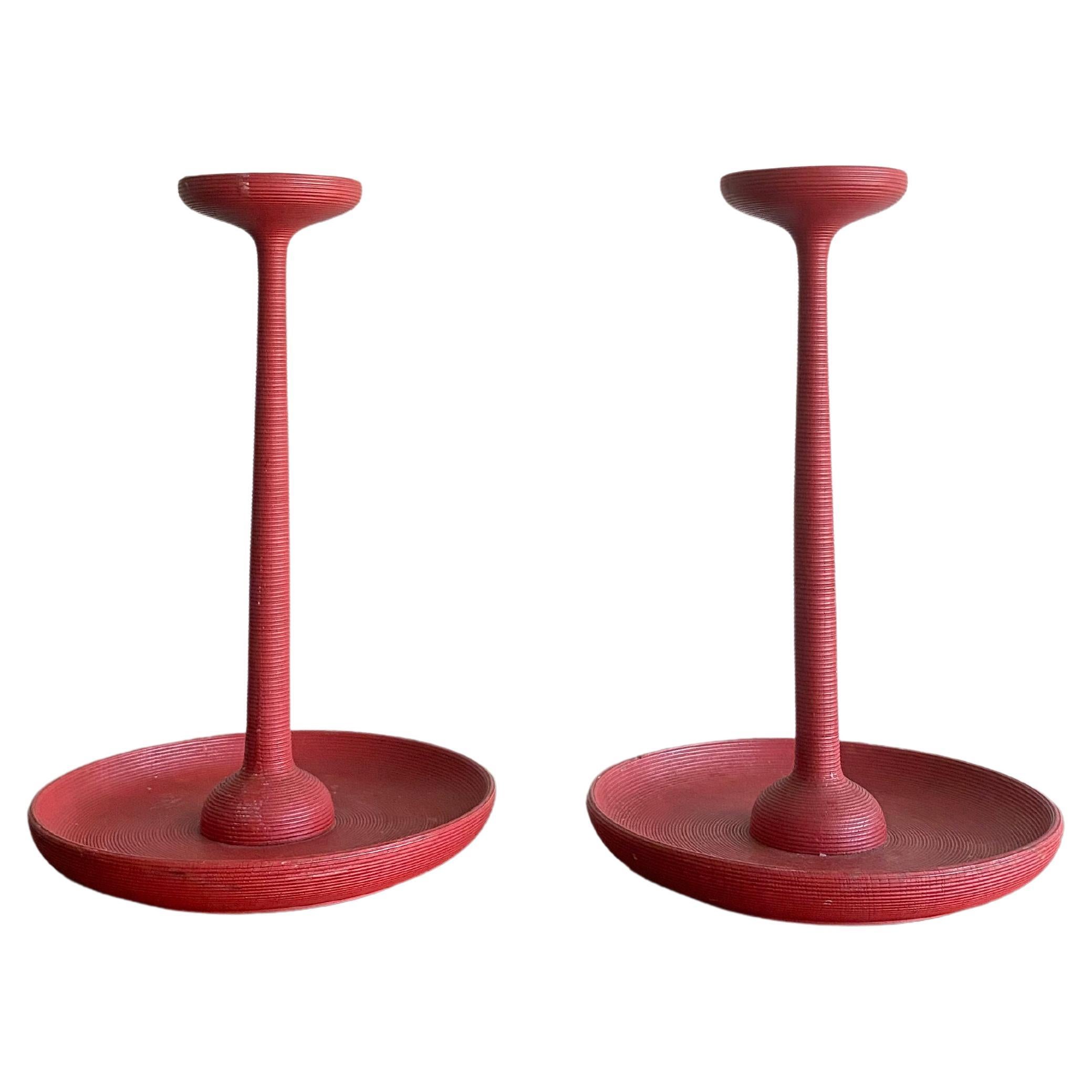 Japanese Red Lacquer Ribbed Candle Holder Pair, Meji Period c. 1900 For Sale