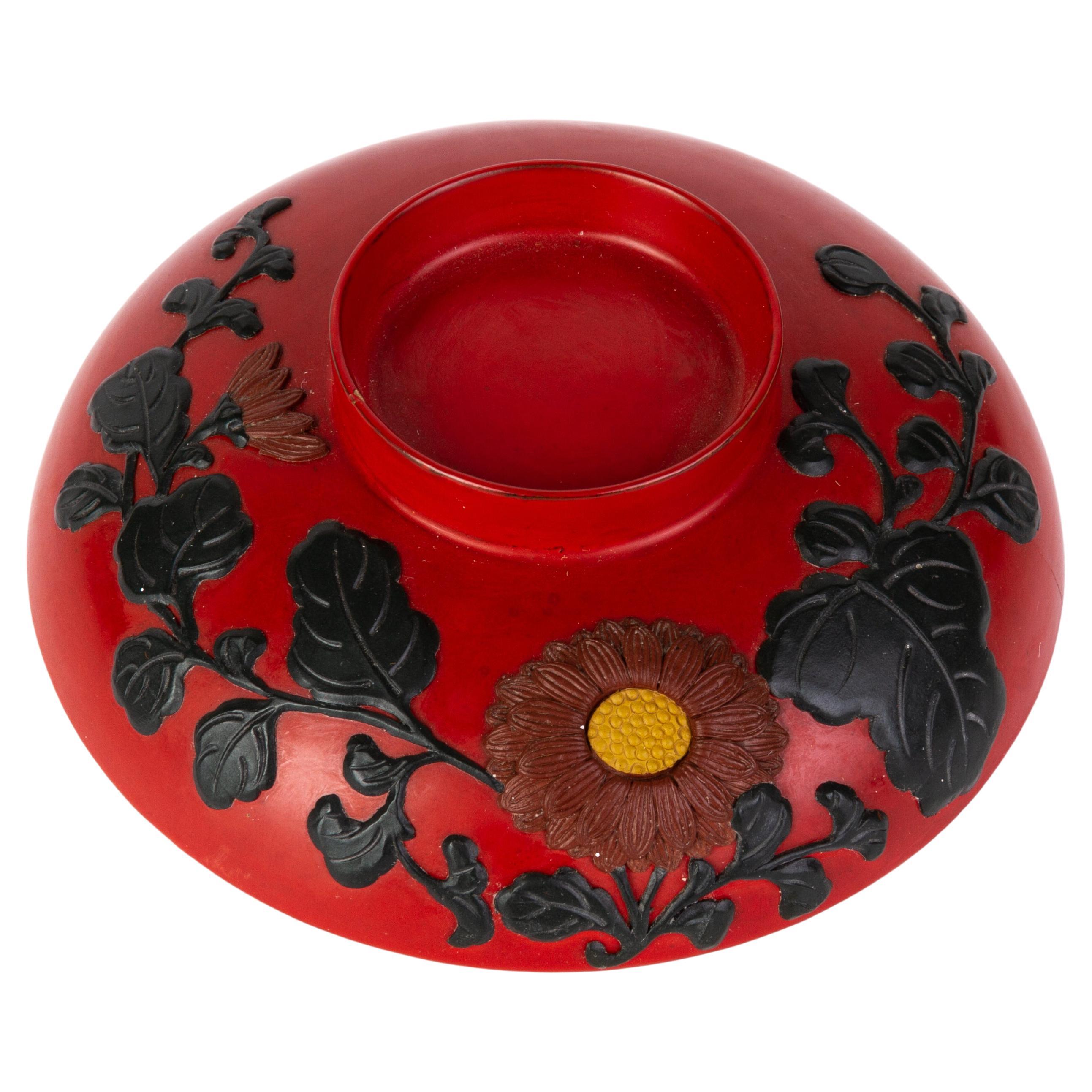 Japanese Red Laquered Bowl with Relief Flowers For Sale