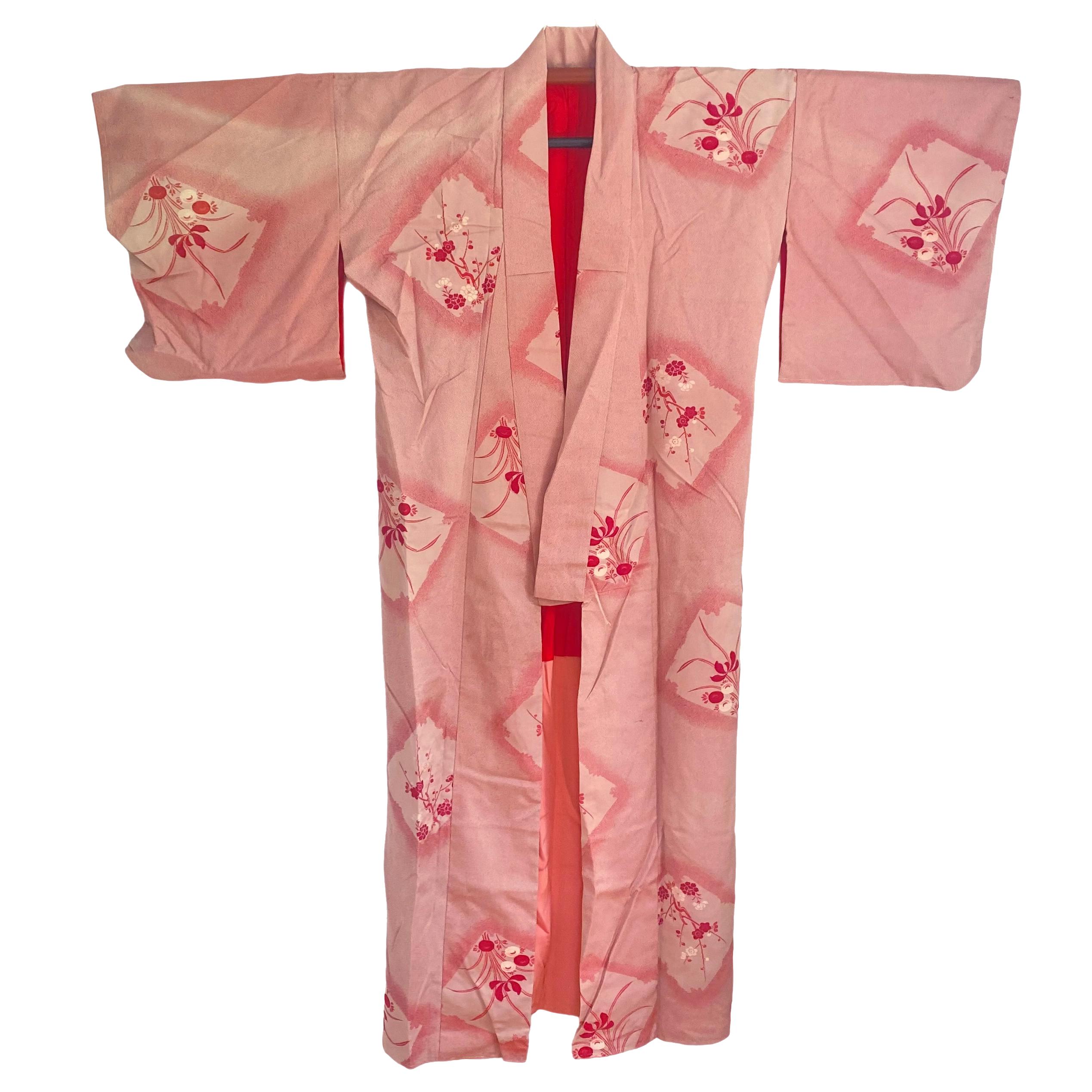 Japanese red silk brocade Sakura Furisode Vintage Kimono   In Excellent Condition For Sale In Boston, MA