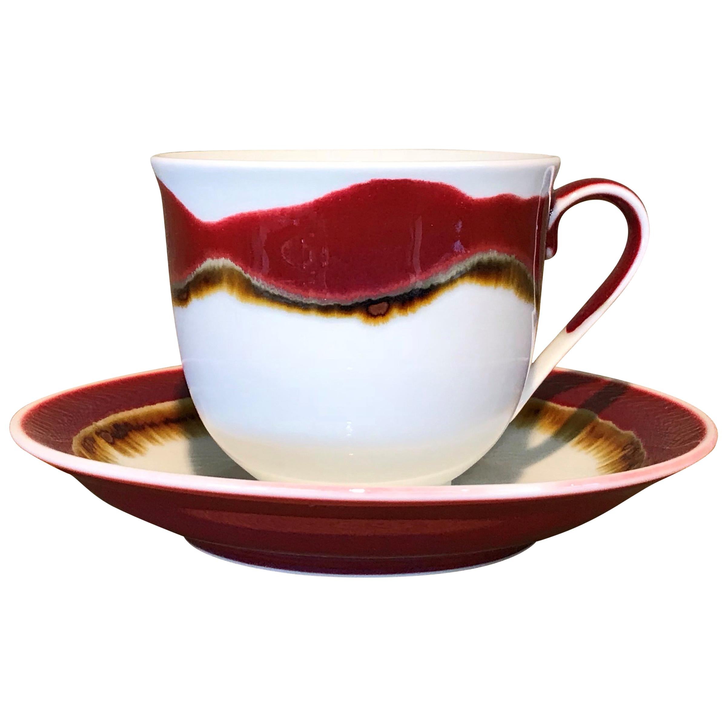 Japanese Red White Hand-Glazed Porcelain Cup and Saucer by Master Artist, 2018