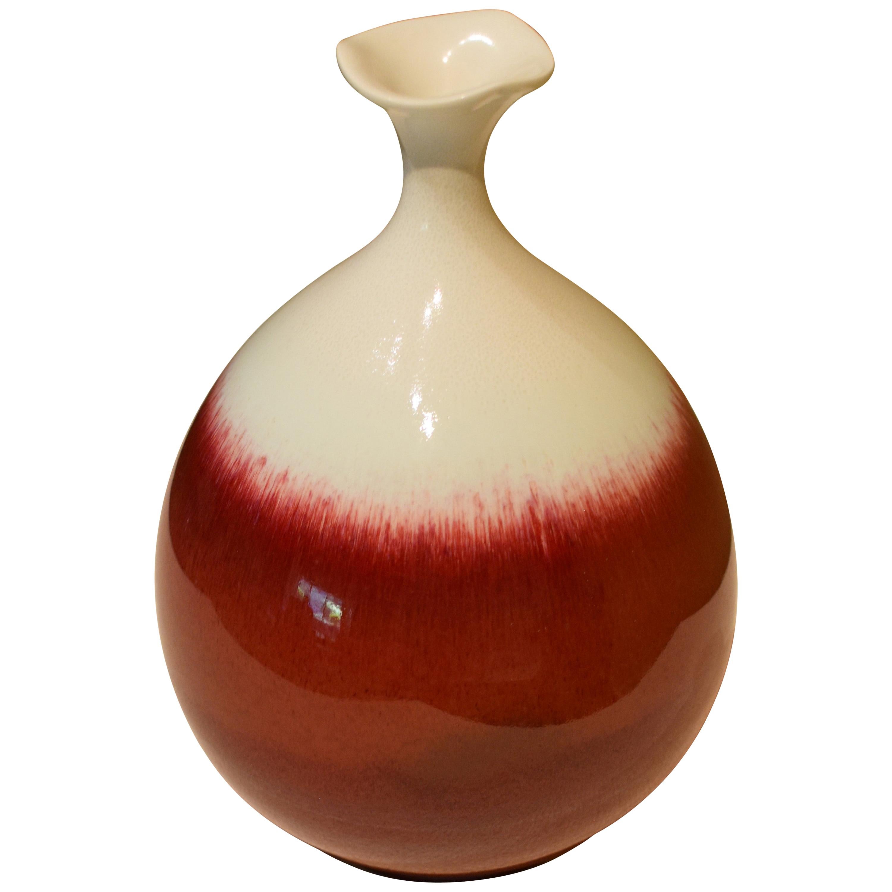 Japanese Red White Hand-Glazed Porcelain Vase by Master Artist For Sale