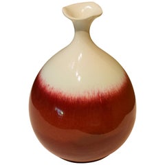Japanese Red White Hand-Glazed Porcelain Vase by Master Artist
