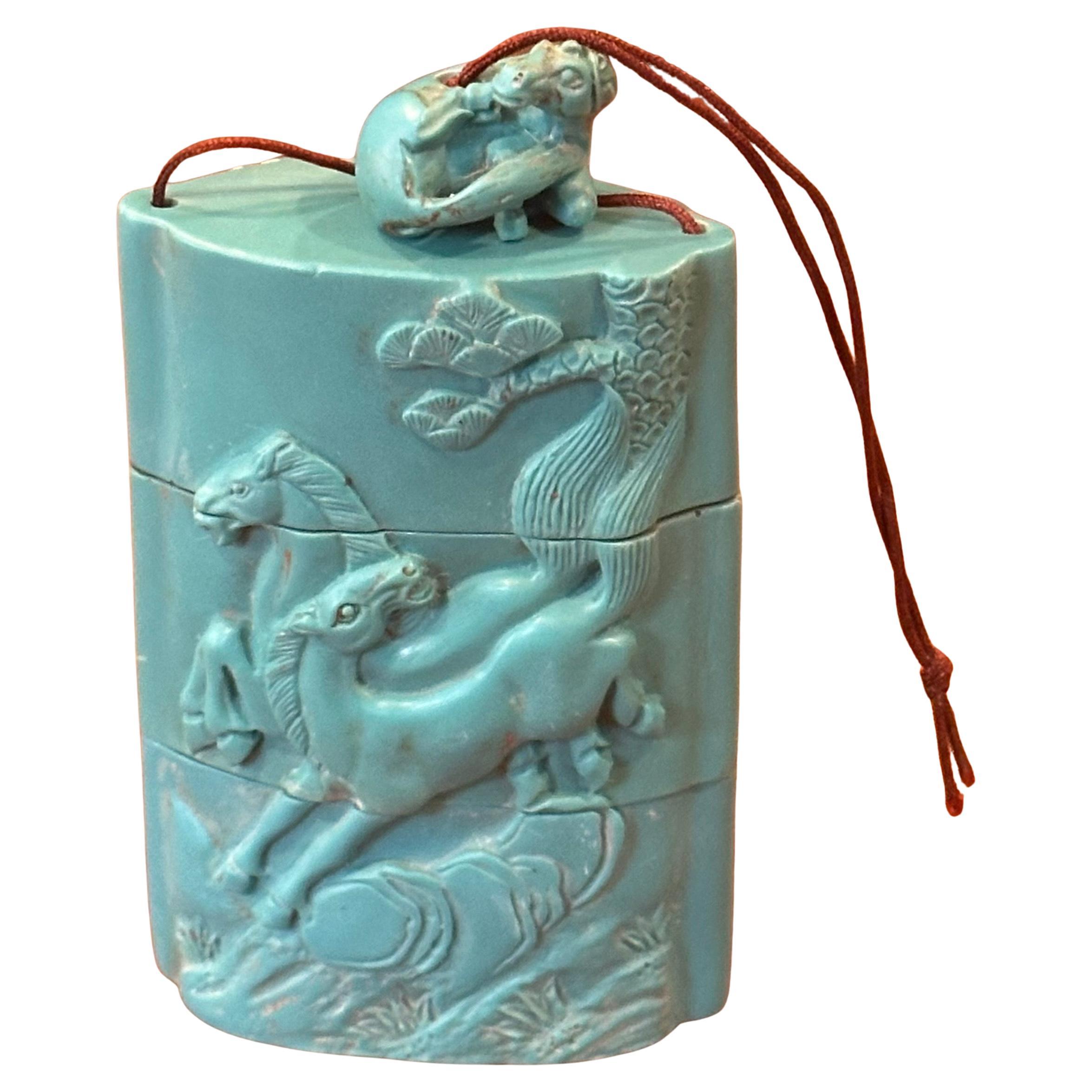 Japanese Resin Three Section Hand Carved Inro & Netsuke of Horses